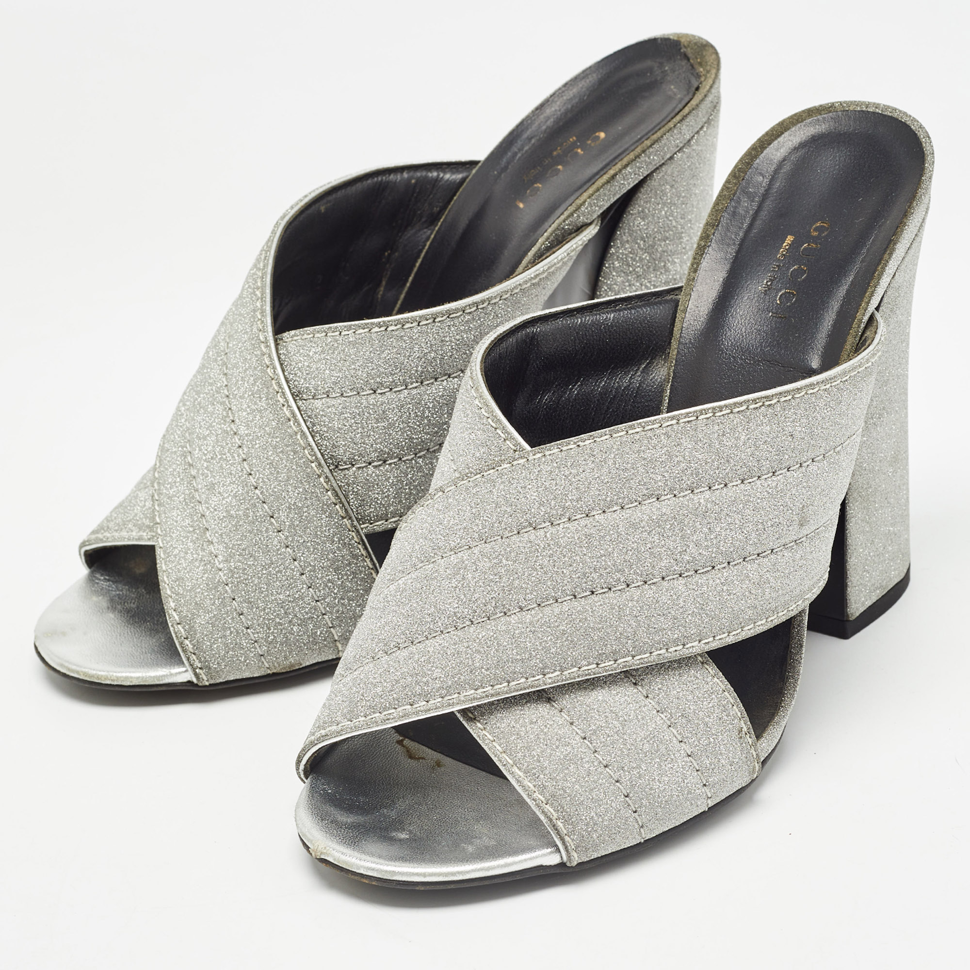 Gucci Silver Glitter Webby Slide Sandals Size 40