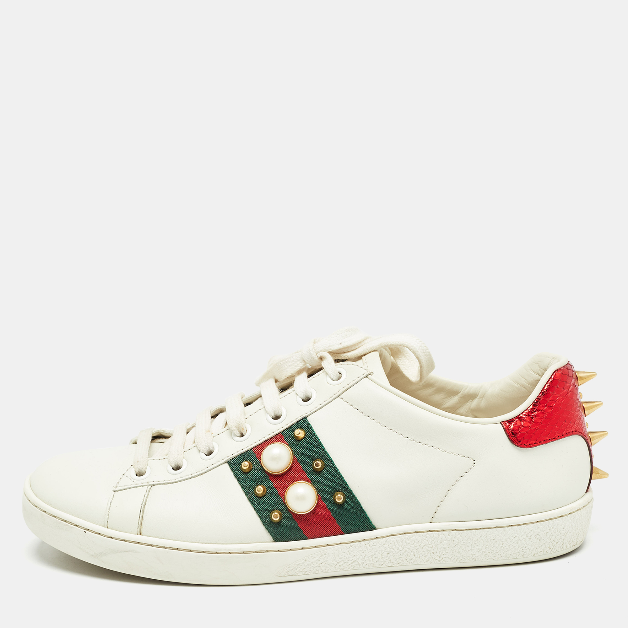 Gucci white leather studded and spiked ace sneakers size 37