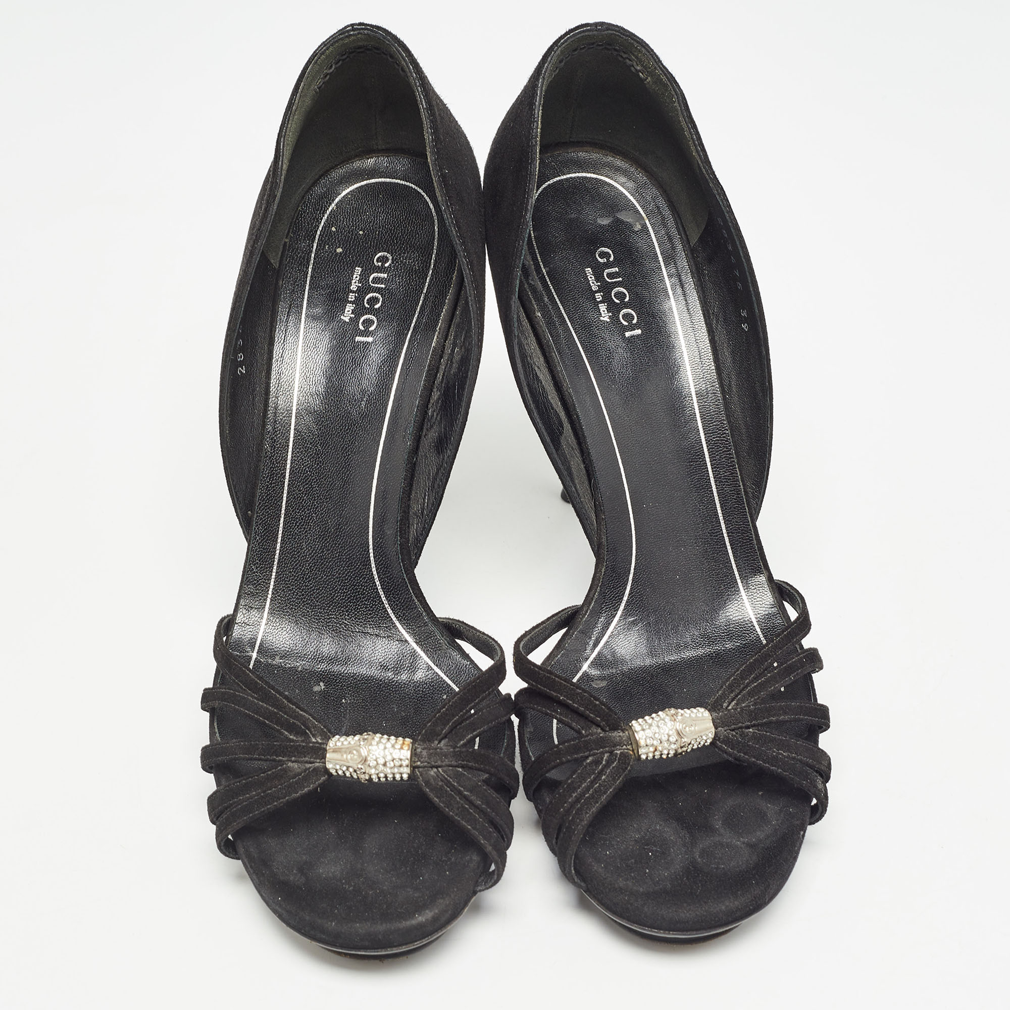 Gucci Black Suede Crystal Embellished Open Toe Pumps Size 39