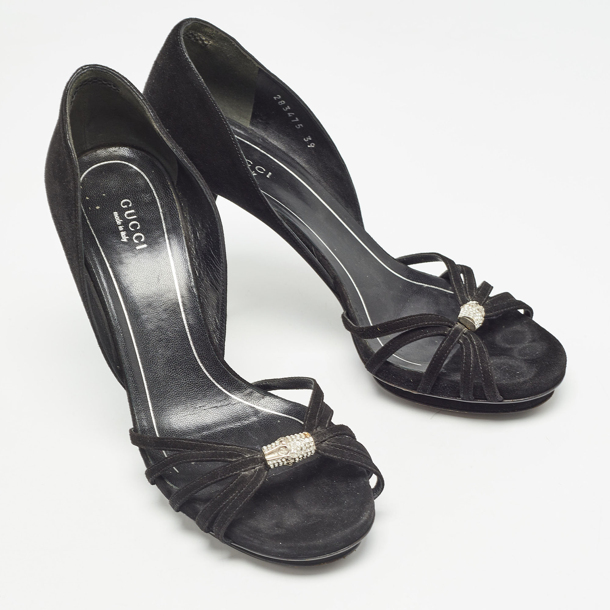 Gucci Black Suede Crystal Embellished Open Toe Pumps Size 39