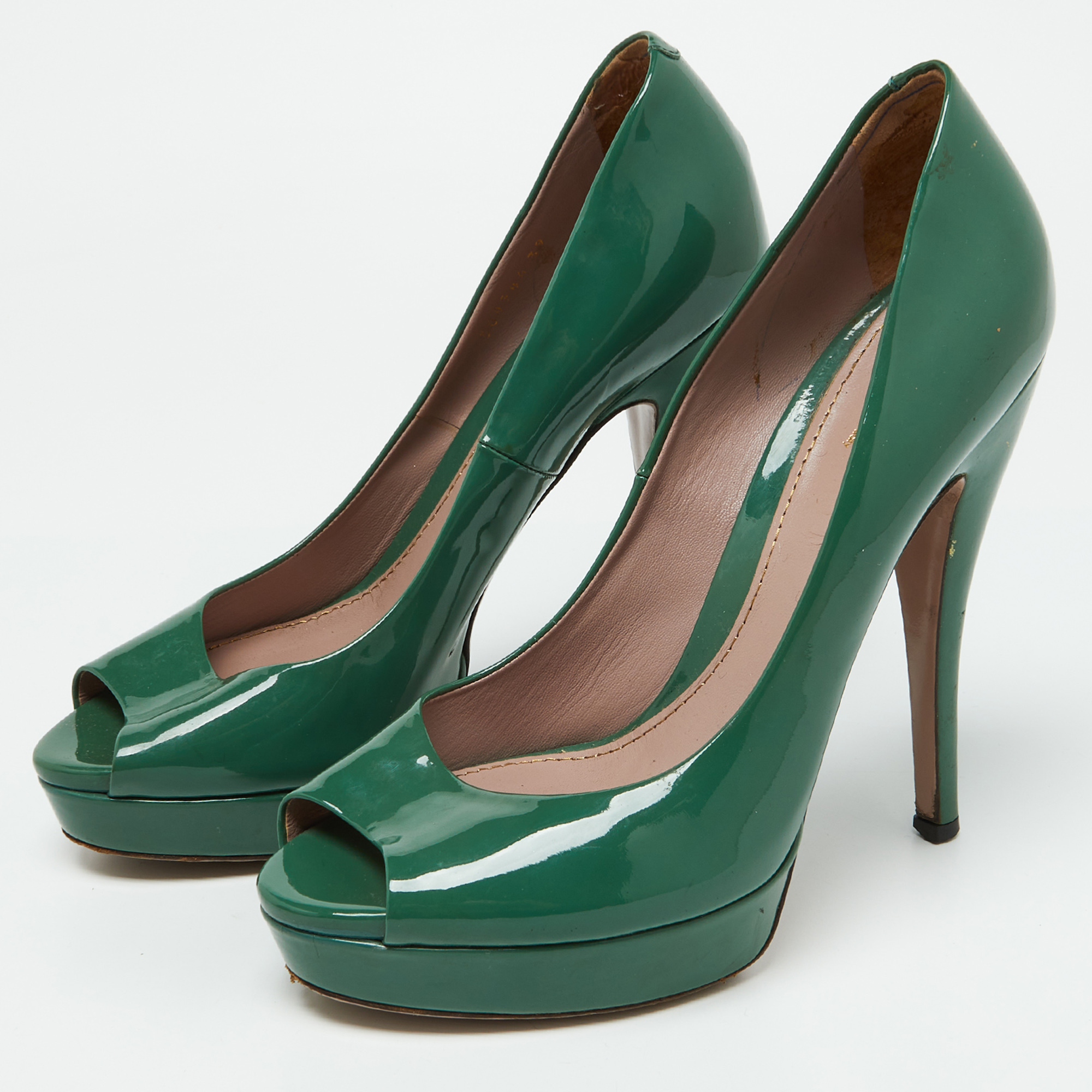 Gucci Green Patent Leather Peep Toe Platform Pumps Size 39