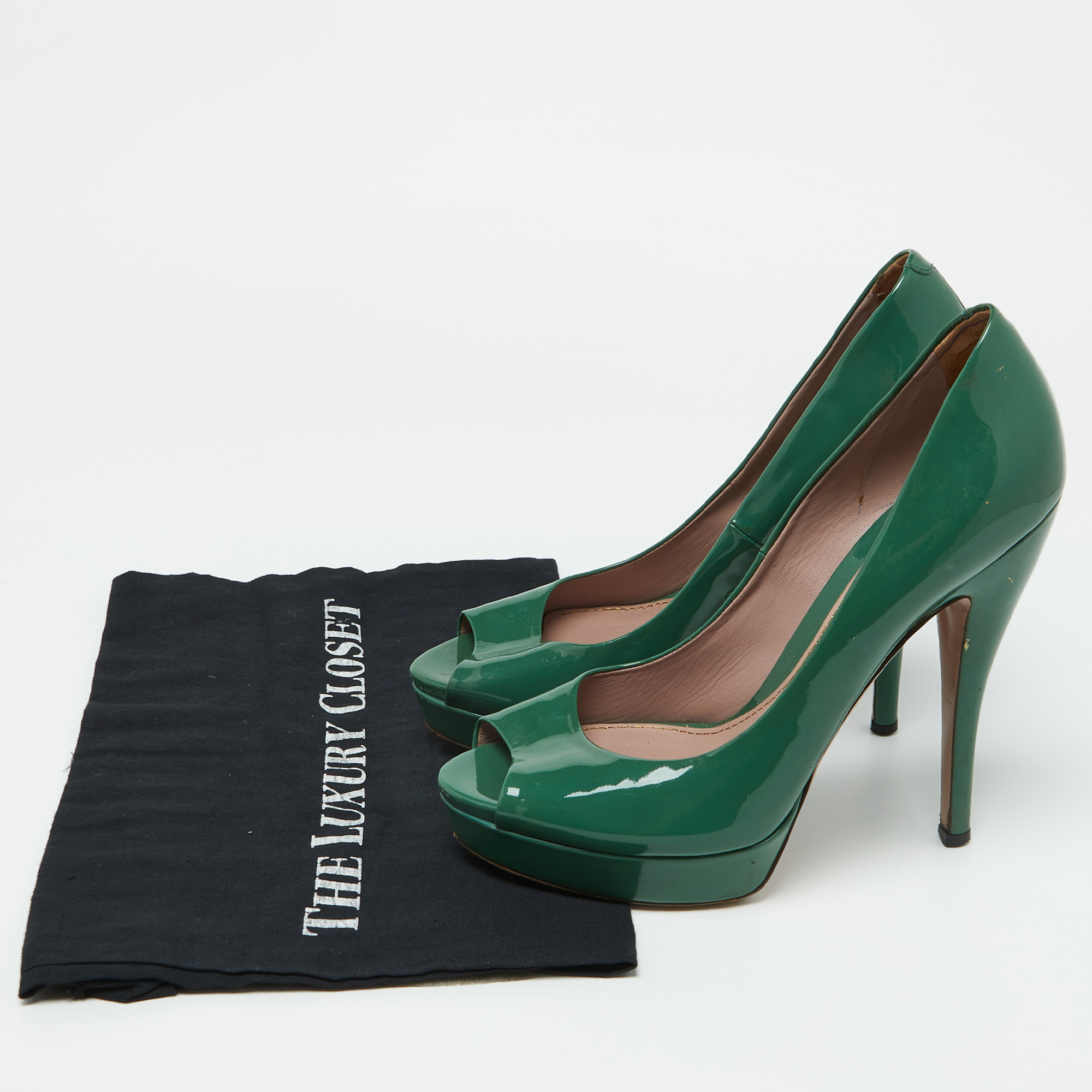 Gucci Green Patent Leather Peep Toe Platform Pumps Size 39