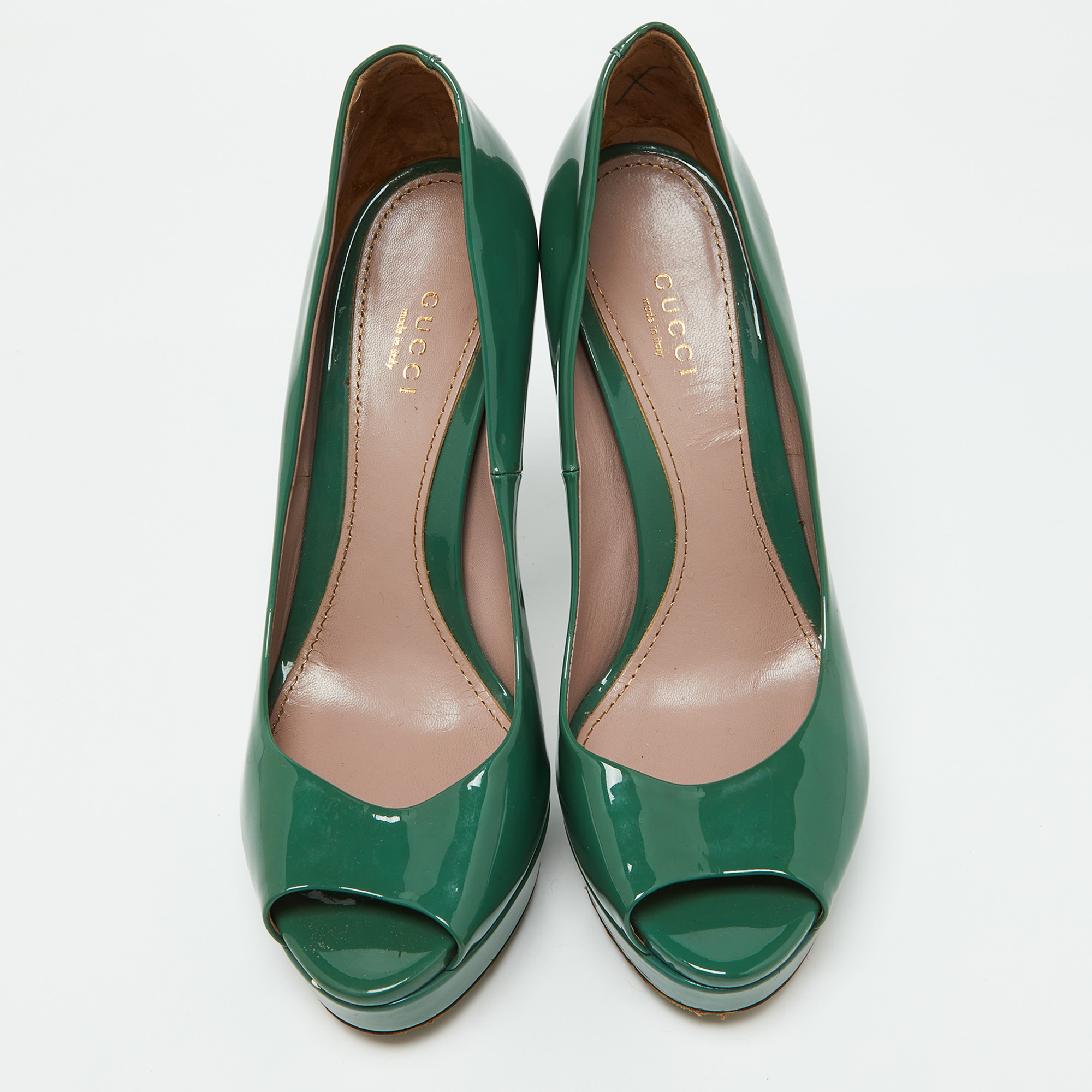 Gucci Green Patent Leather Peep Toe Platform Pumps Size 39