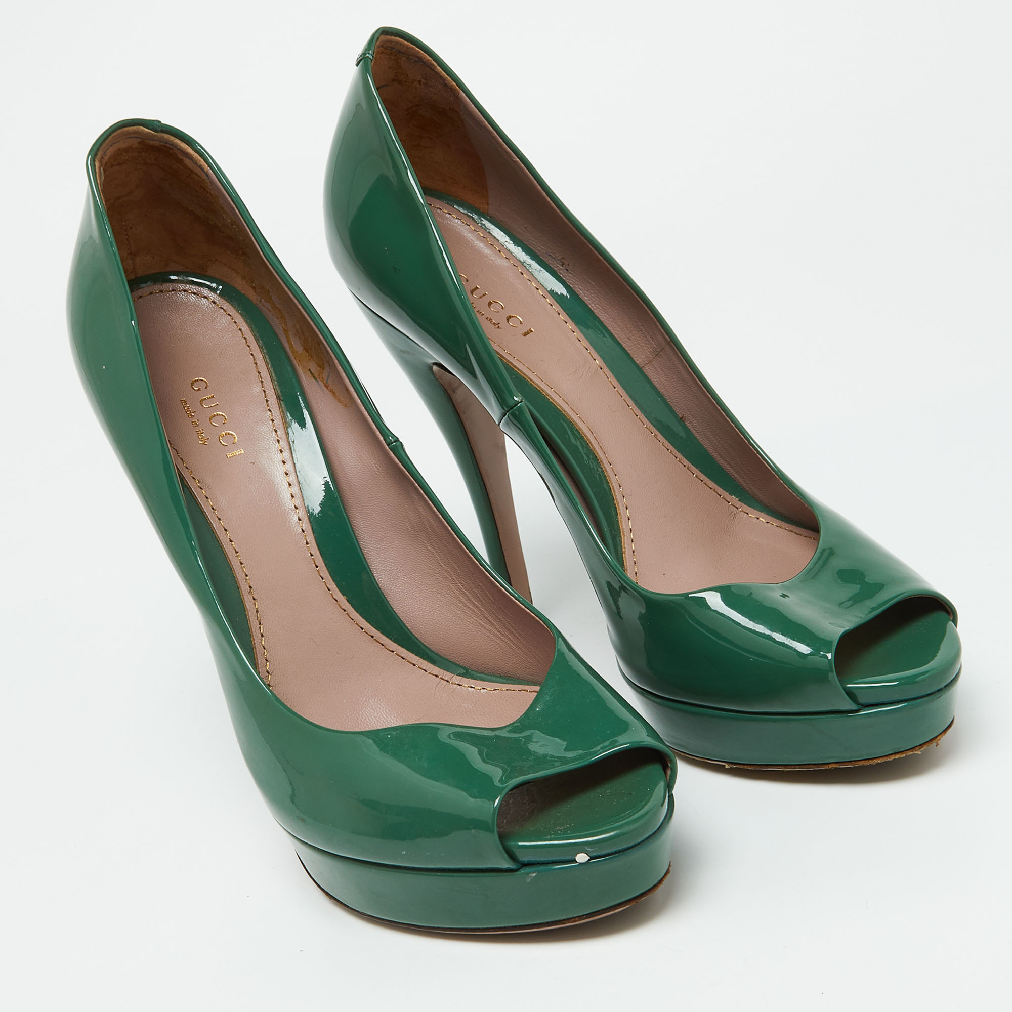 Gucci Green Patent Leather Peep Toe Platform Pumps Size 39