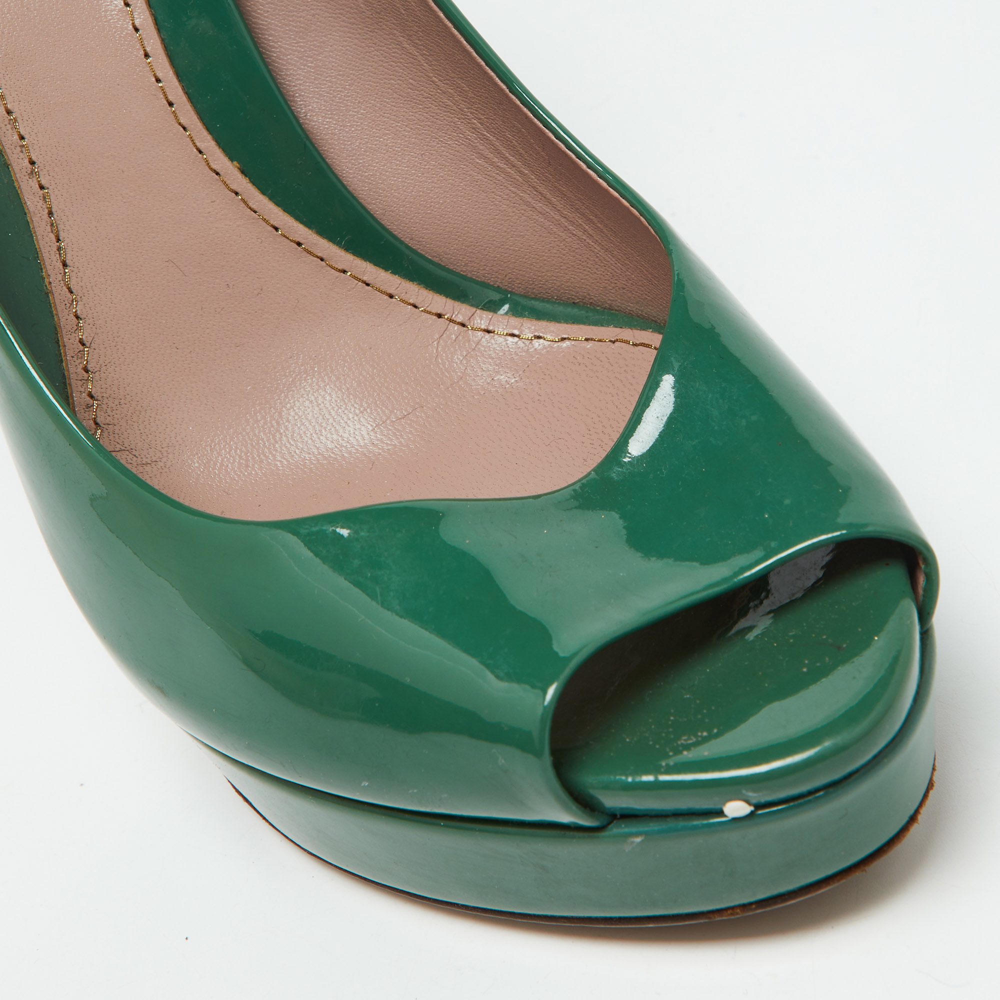 Gucci Green Patent Leather Peep Toe Platform Pumps Size 39