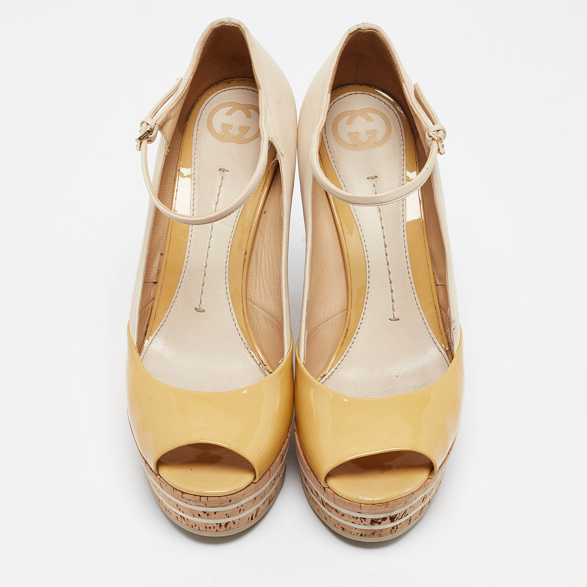 Gucci Beige/Yellow Patent And Leather Cork Wedge Pumps Size 39