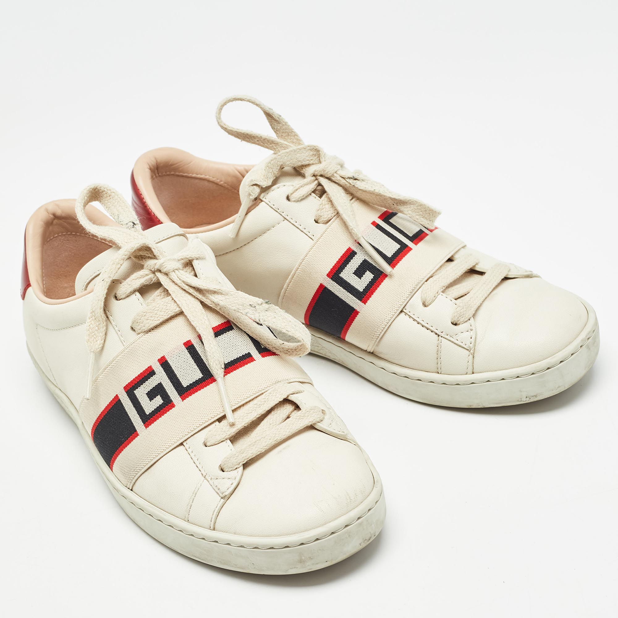 Gucci White/Red Leather Ace Gucci Band Low Top Sneakers Size 34