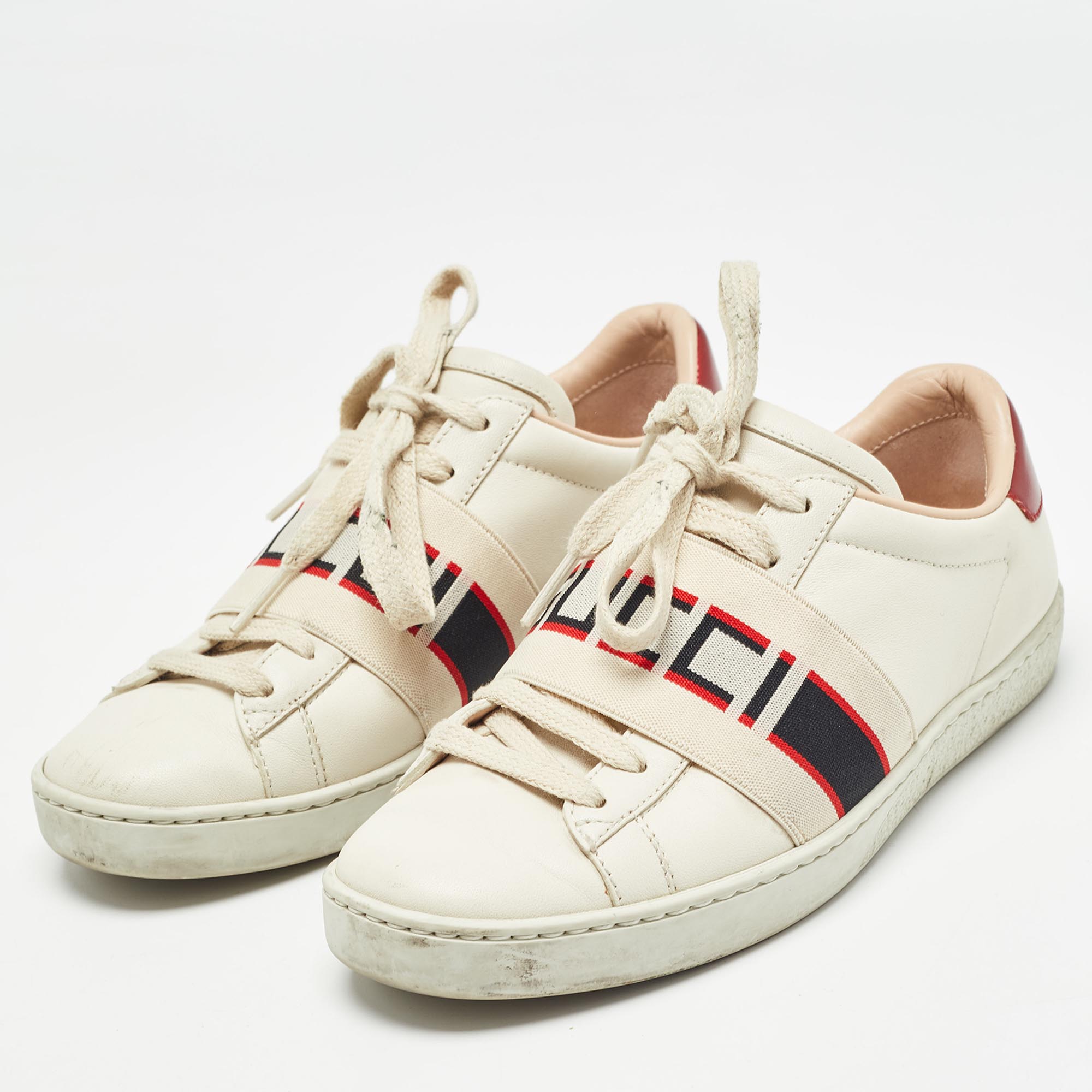 Gucci White/Red Leather Ace Gucci Band Low Top Sneakers Size 34