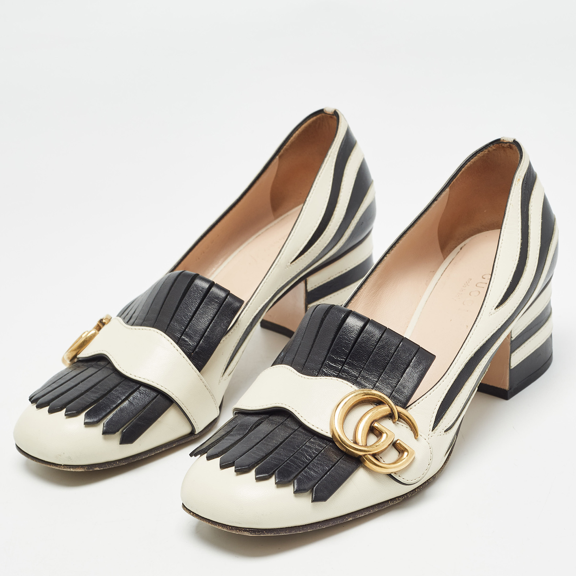 Gucci White/Black Leather GG Marmont Fringed Pumps Size 36.5