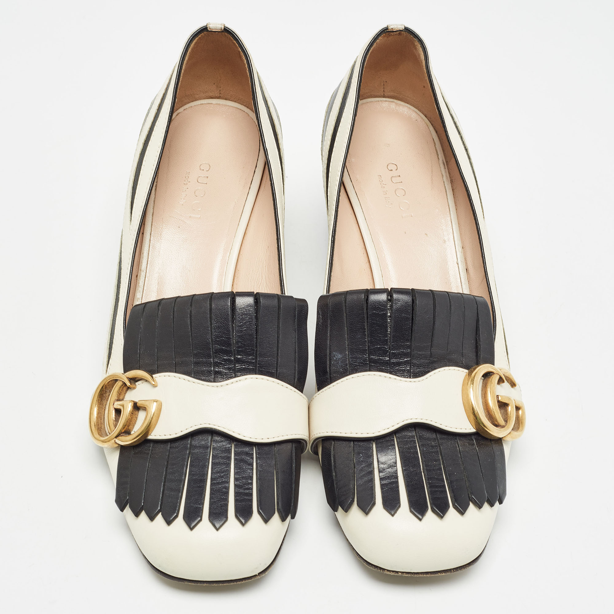 Gucci White/Black Leather GG Marmont Fringed Pumps Size 36.5