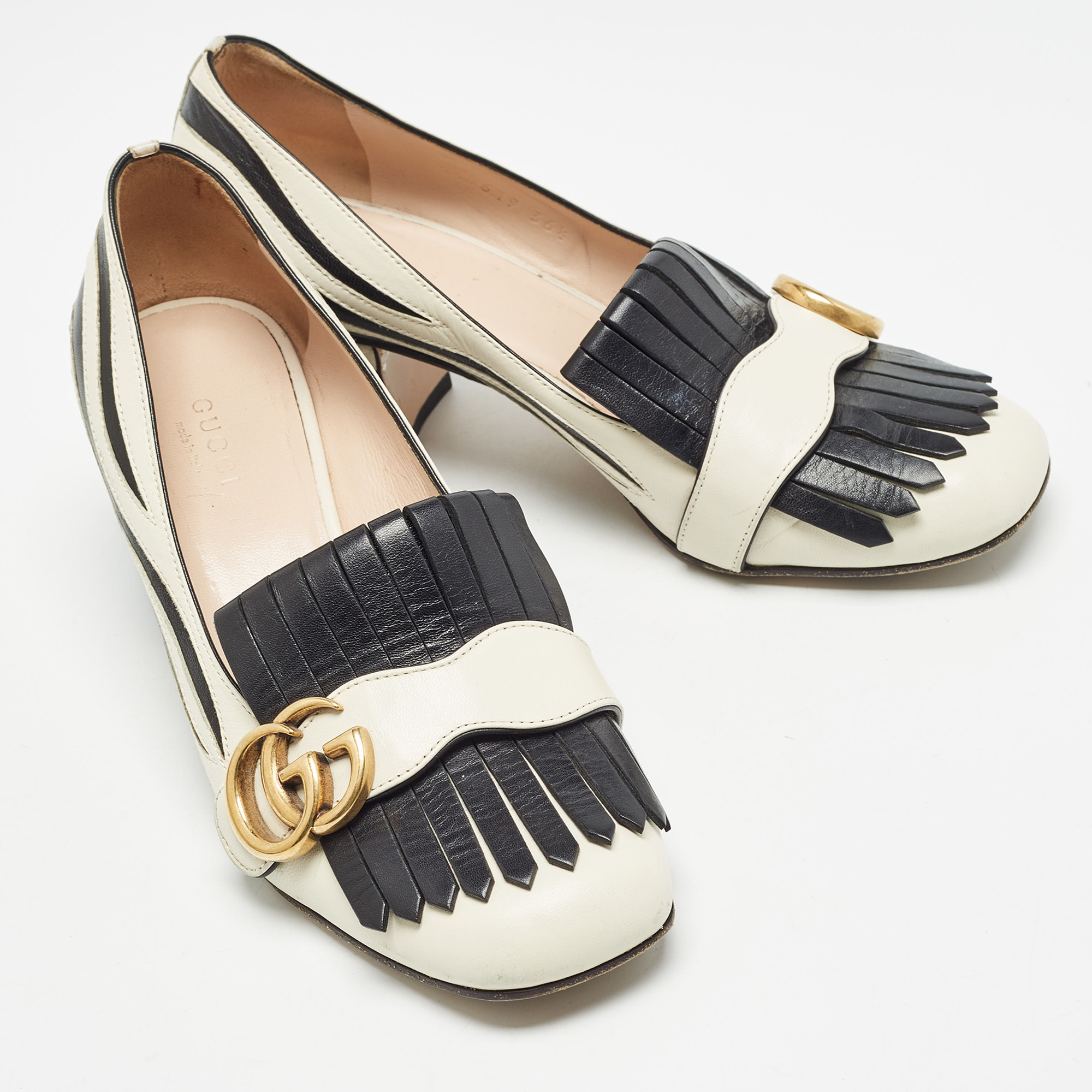 Gucci White/Black Leather GG Marmont Fringed Pumps Size 36.5