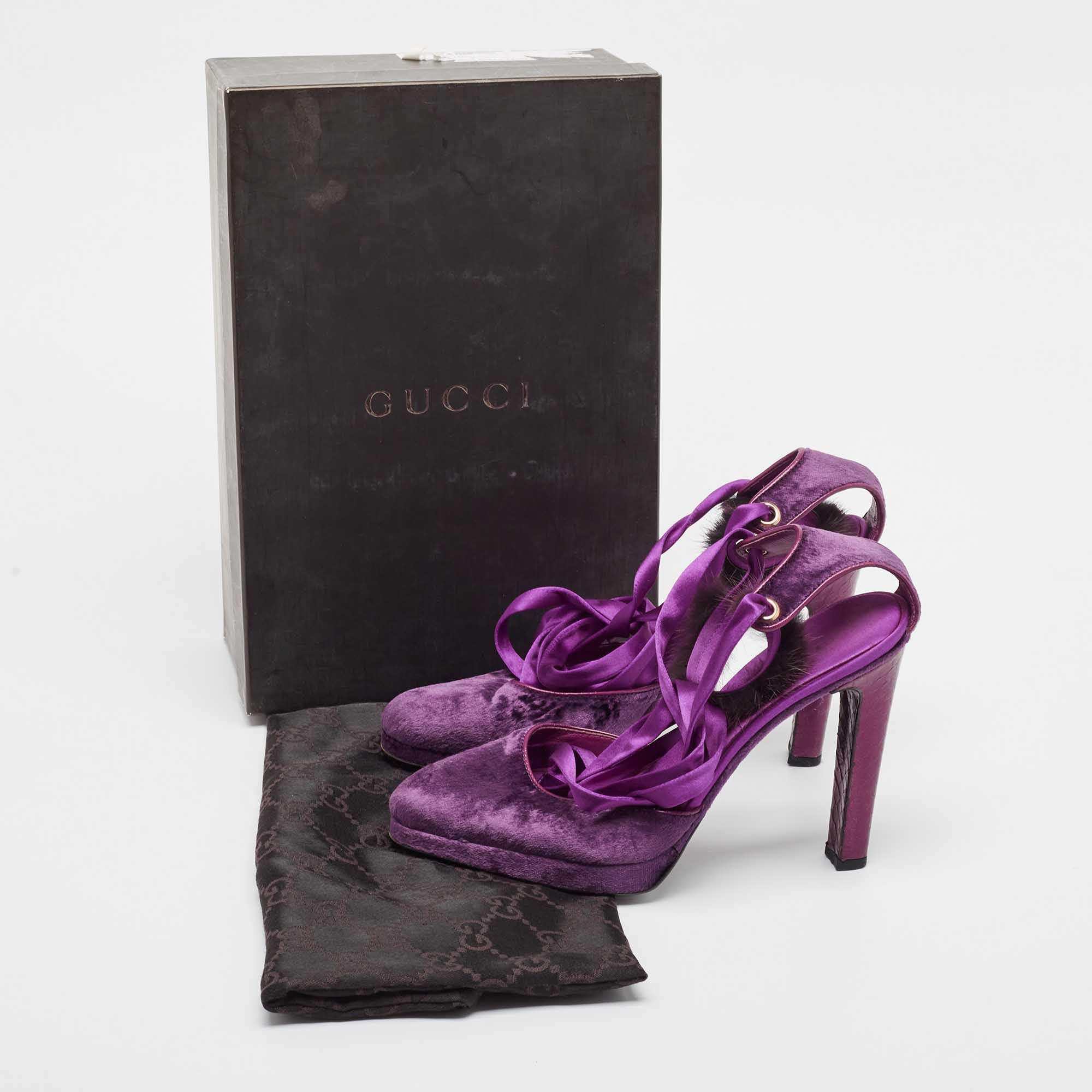 Gucci Purple Velvet And Mink Fur Ankle Strap Sandals Size 37.5