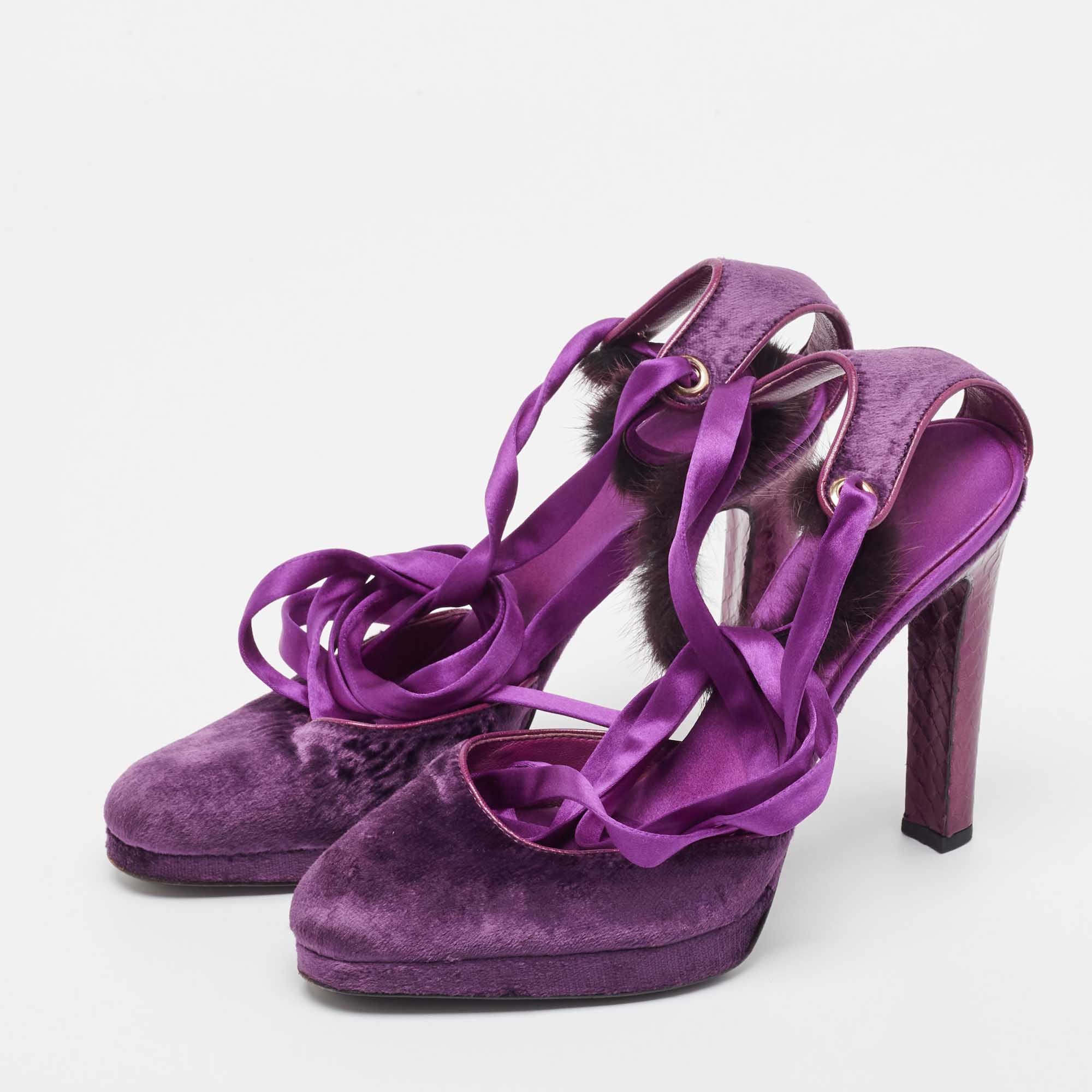 Gucci Purple Velvet And Mink Fur Ankle Strap Sandals Size 37.5