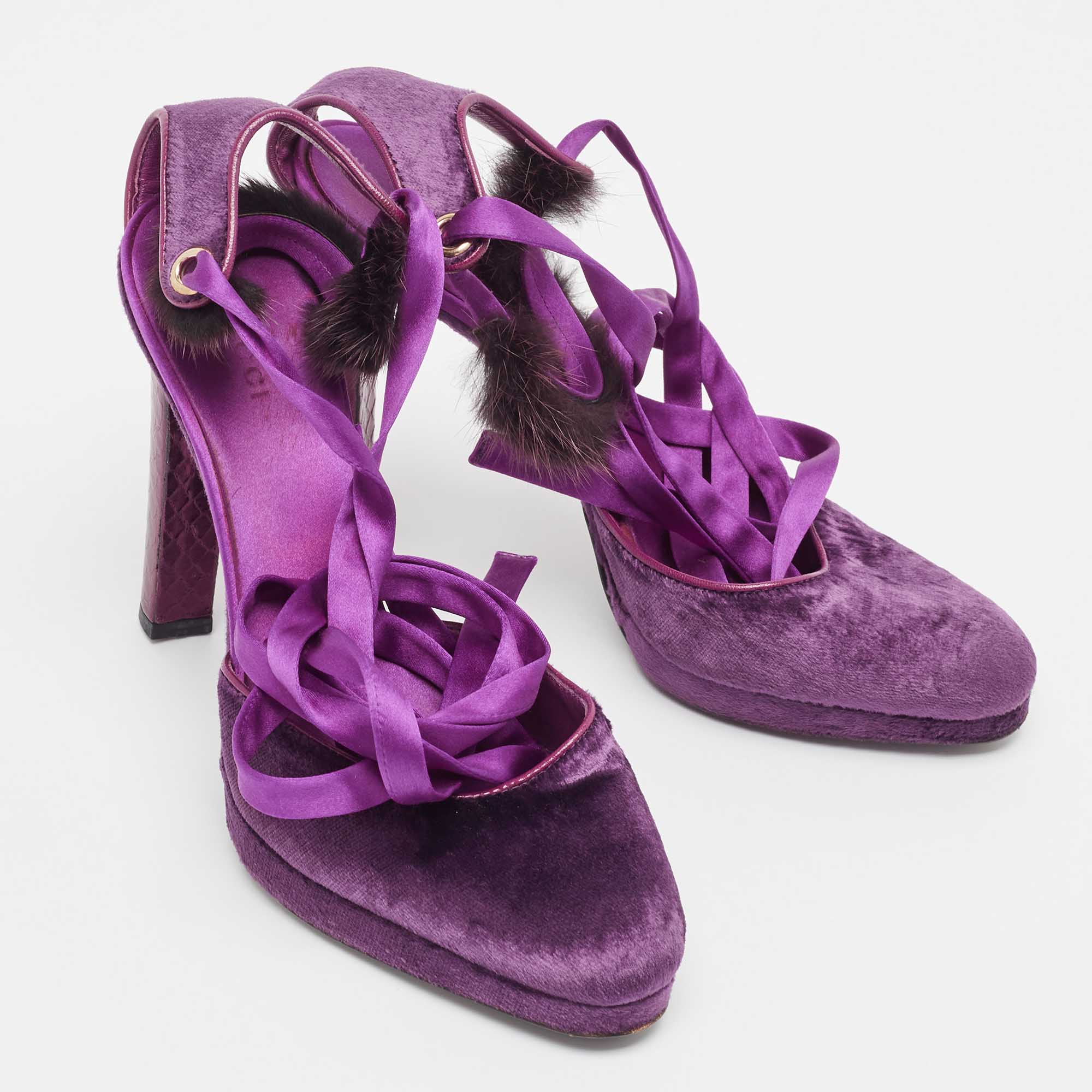 Gucci Purple Velvet And Mink Fur Ankle Strap Sandals Size 37.5