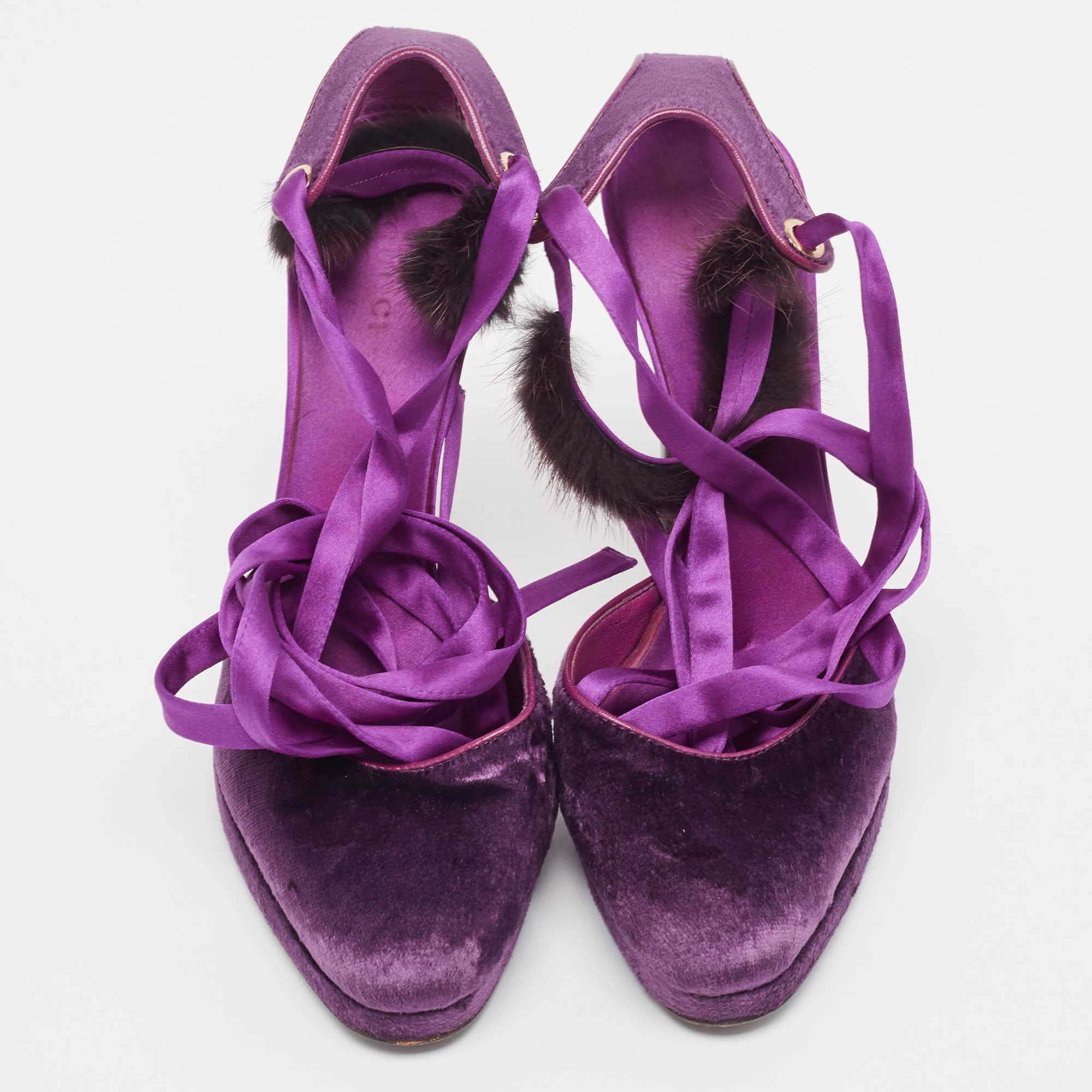 Gucci Purple Velvet And Mink Fur Ankle Strap Sandals Size 37.5