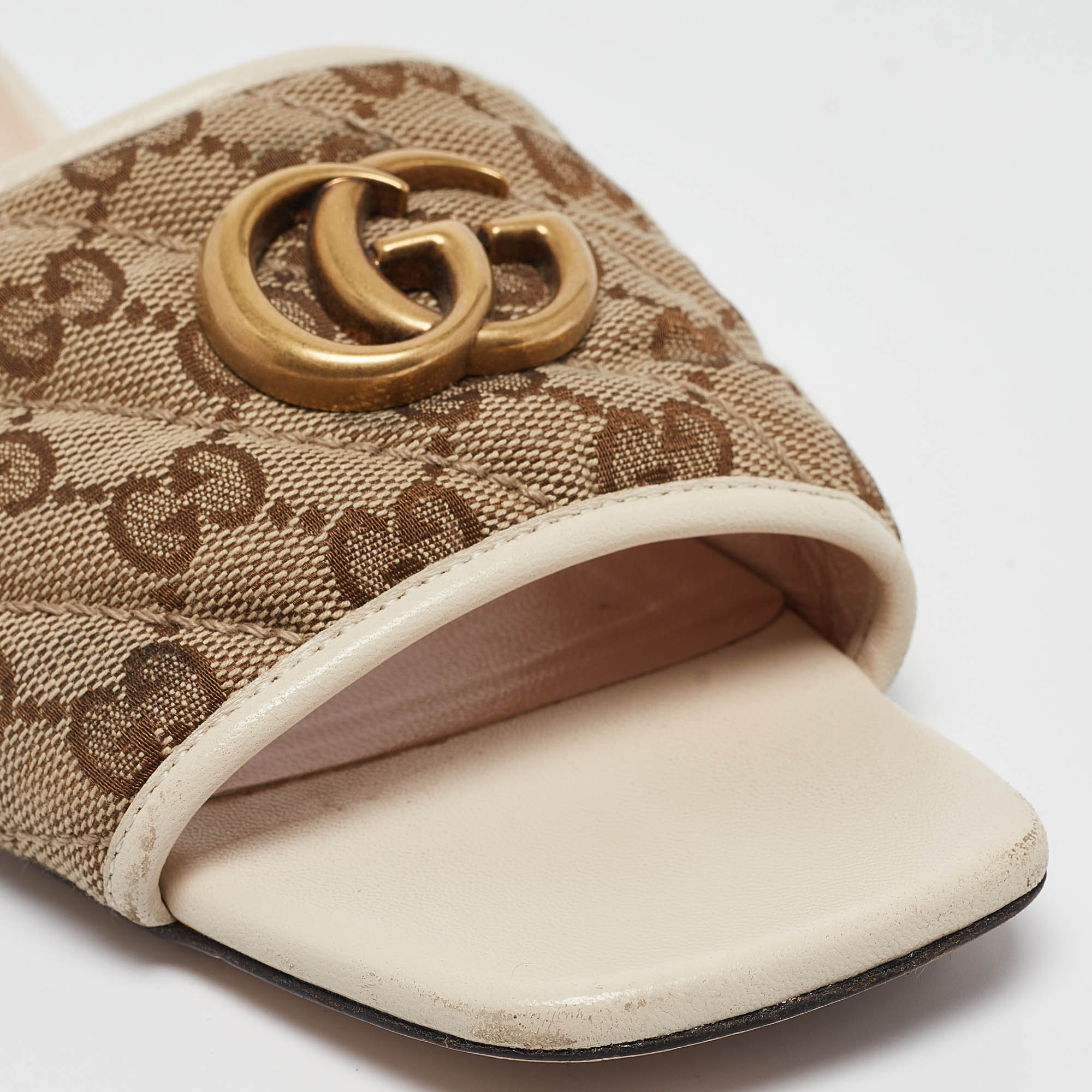 Gucci Brown/Cream GG Canvas Double G Flat Slides Size 37.5