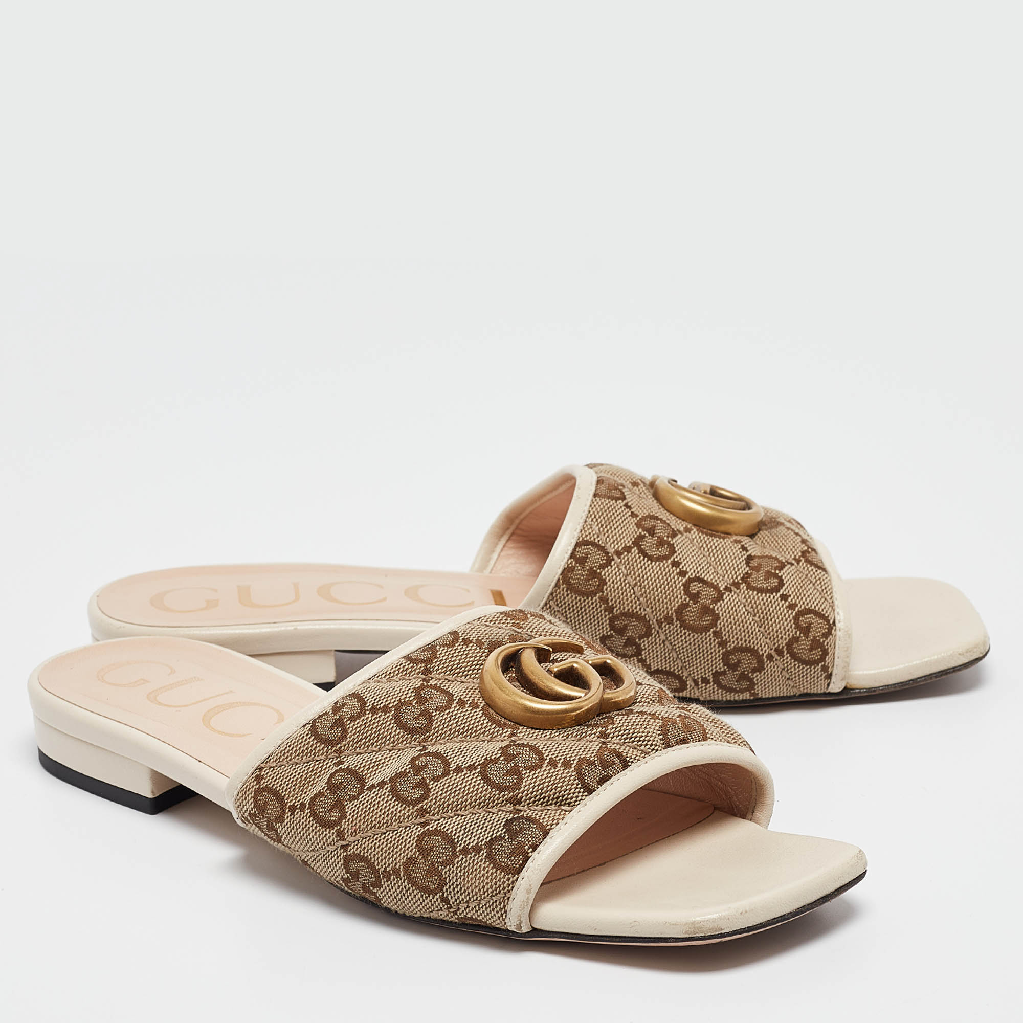 Gucci Brown/Cream GG Canvas Double G Flat Slides Size 37.5