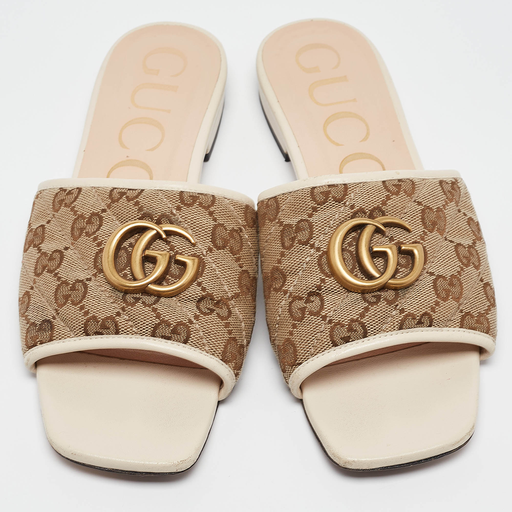 Gucci Brown/Cream GG Canvas Double G Flat Slides Size 37.5