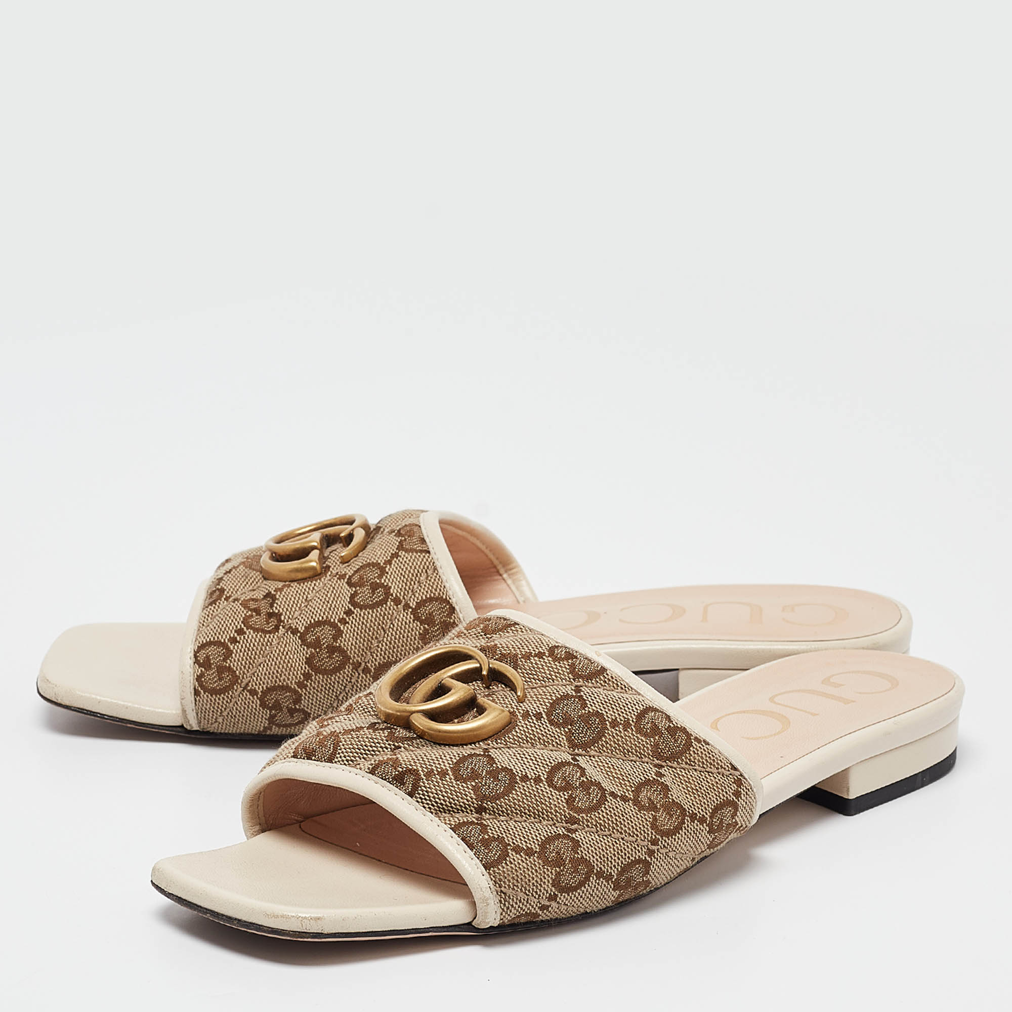 Gucci Brown/Cream GG Canvas Double G Flat Slides Size 37.5