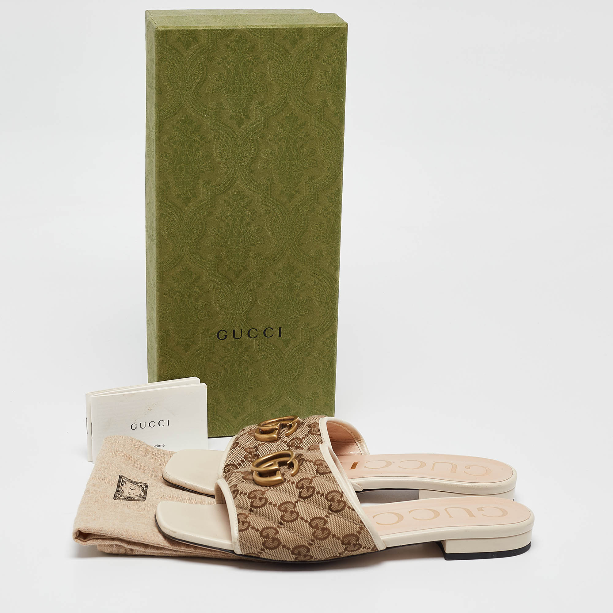 Gucci Brown/Cream GG Canvas Double G Flat Slides Size 37.5