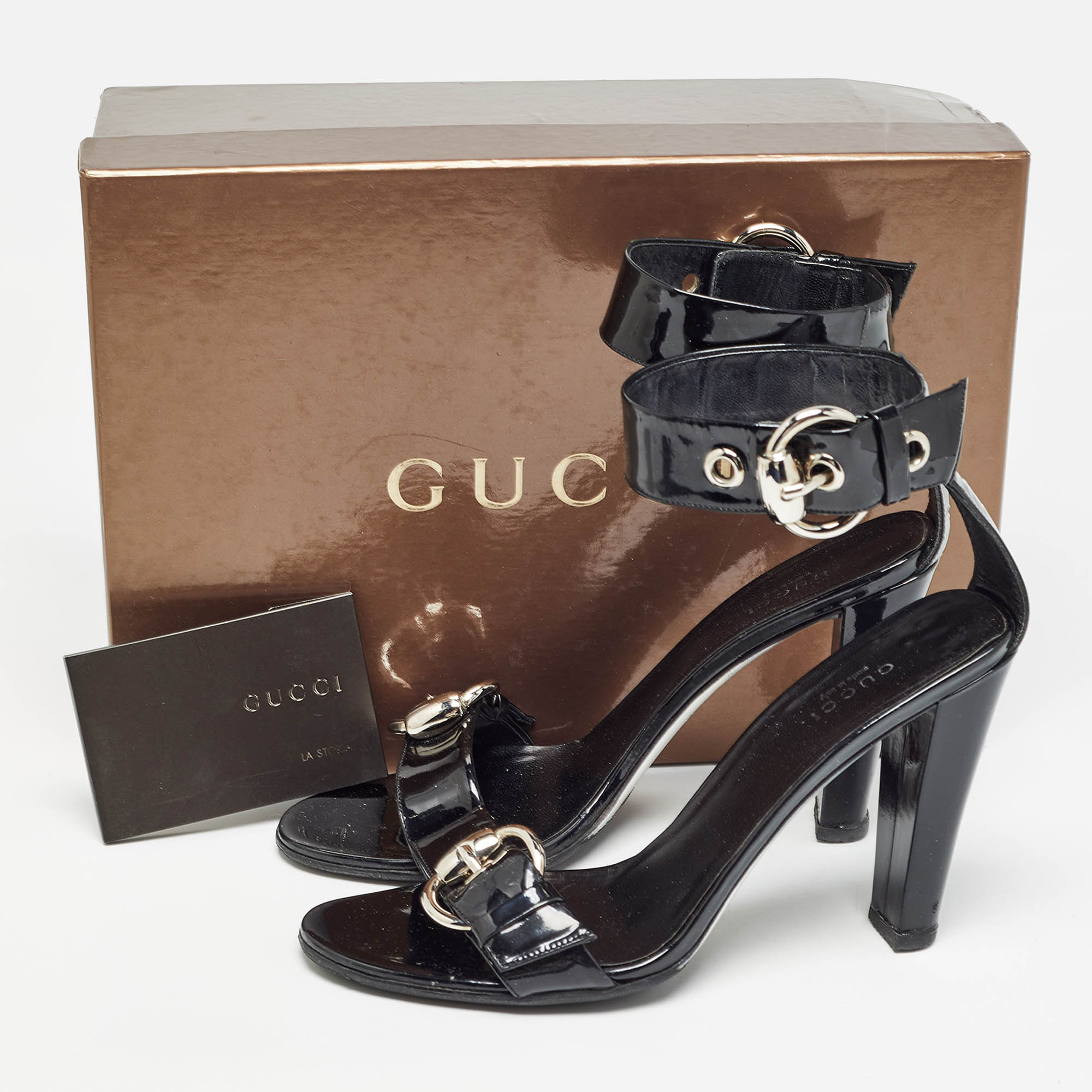 Gucci Black Patent Leather Buckle Detail Ankle Strap Sandals Size 38.5