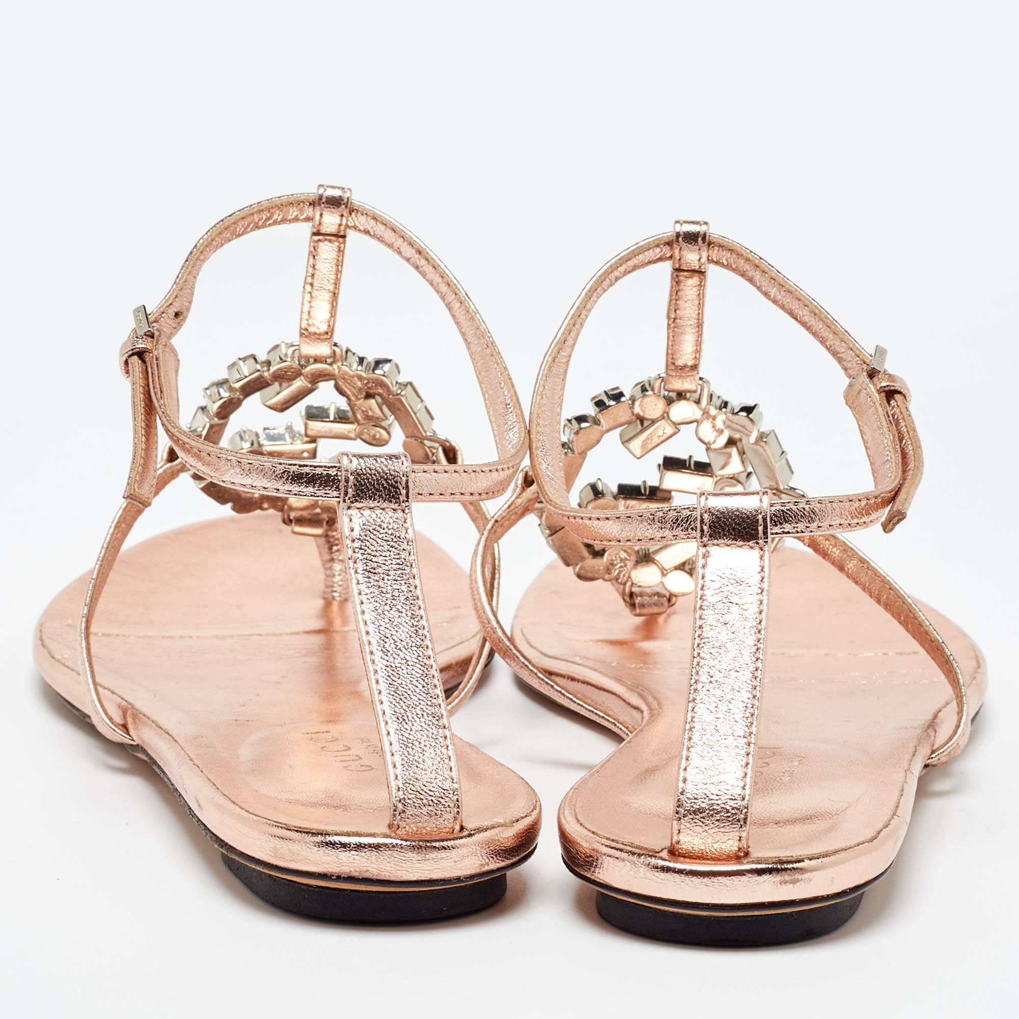 Gucci Metallic Leather Crystal Embellished GG Thong Flat Sandals Size 37