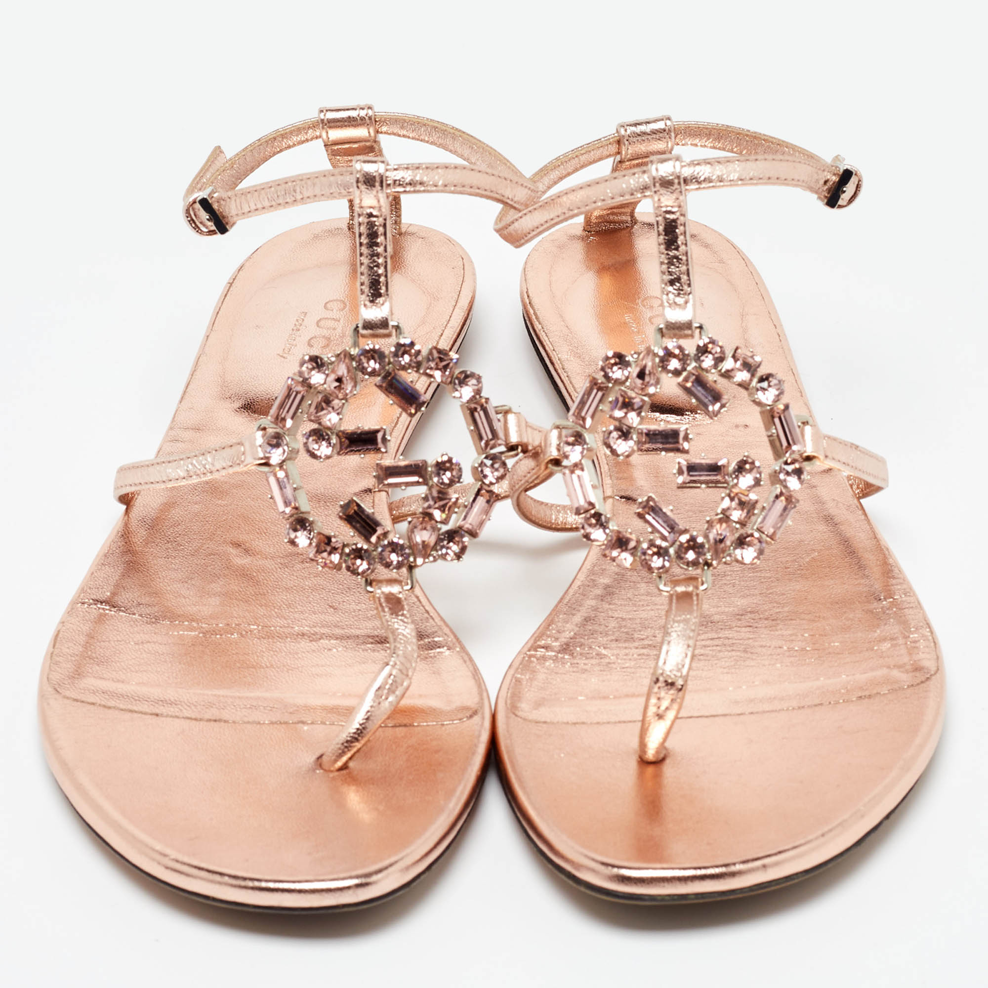 Gucci Metallic Leather Crystal Embellished GG Thong Flat Sandals Size 37