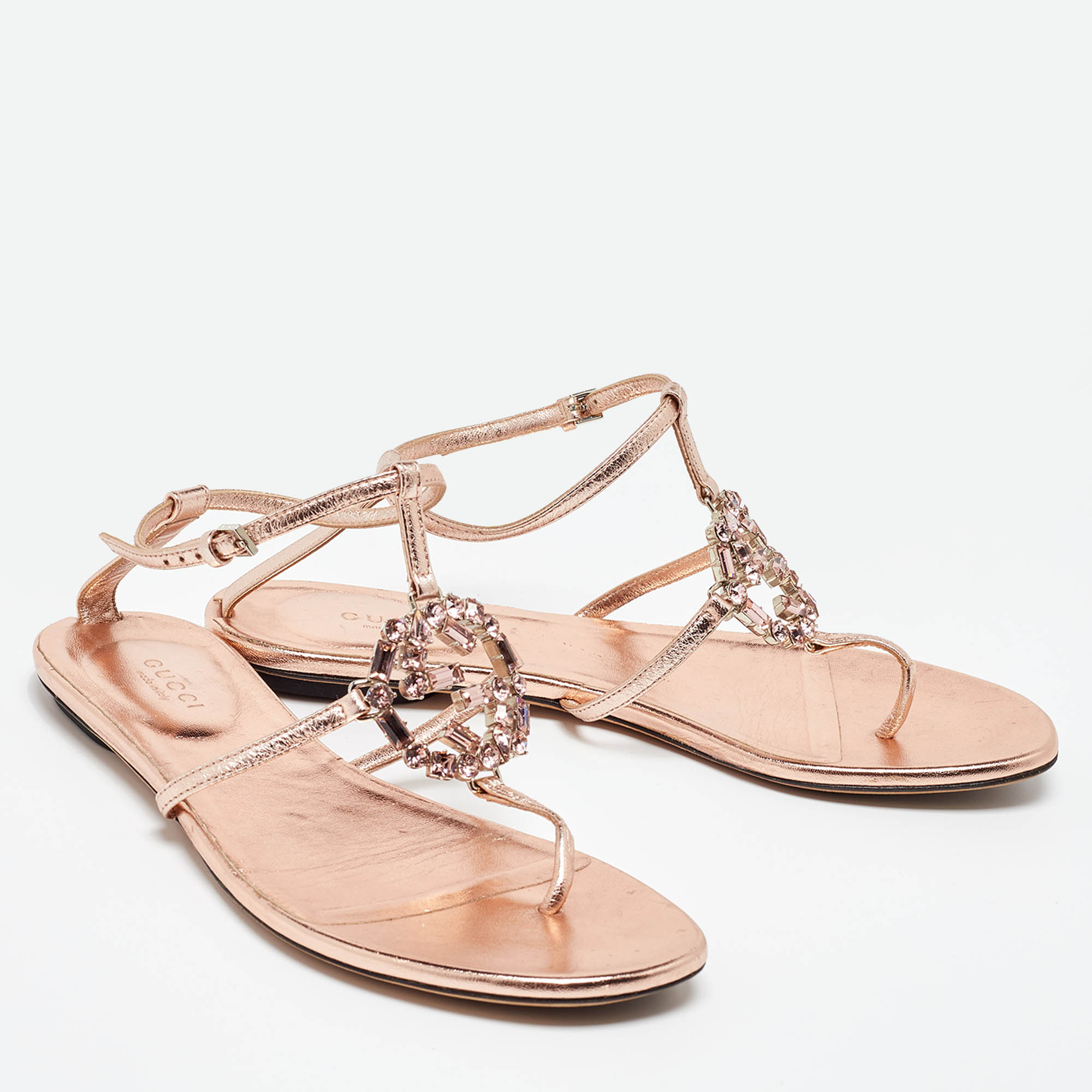 Gucci Metallic Leather Crystal Embellished GG Thong Flat Sandals Size 37