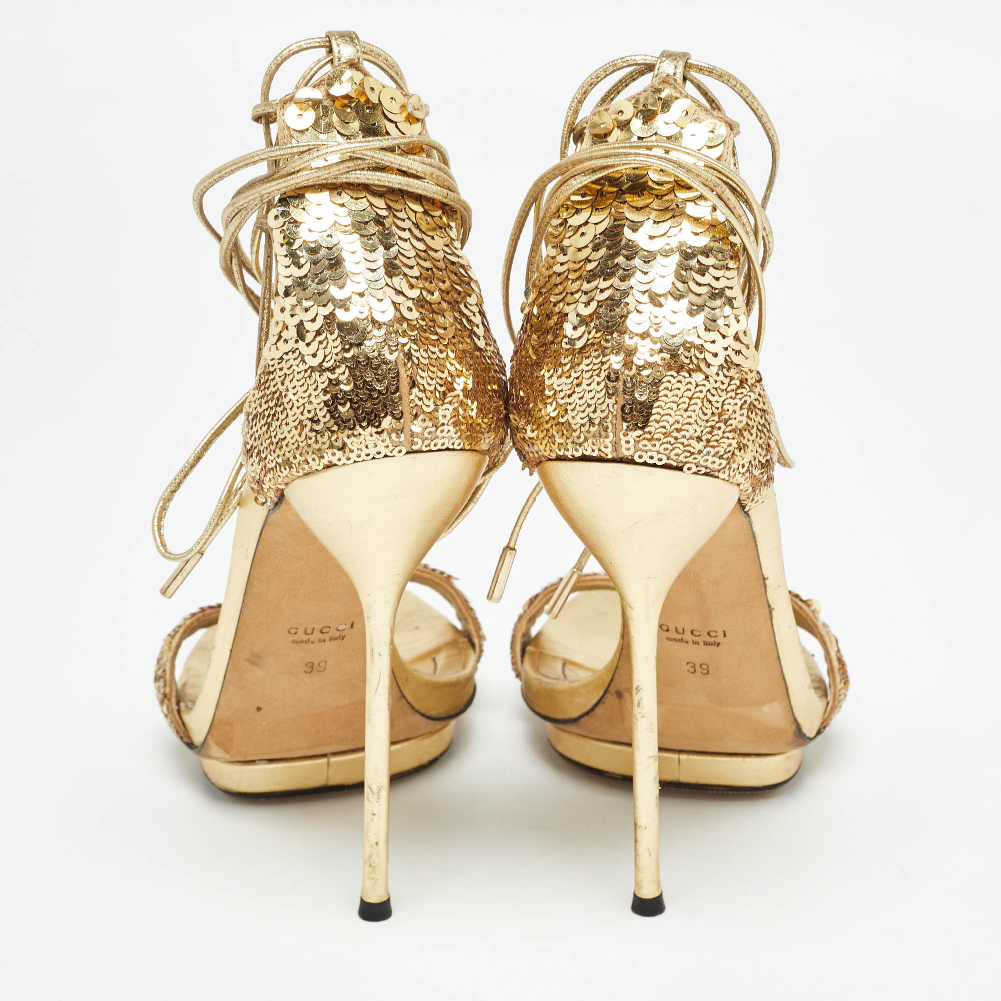 Gucci Gold Sequins And Leather Ankle Wrap Sandals Size 39