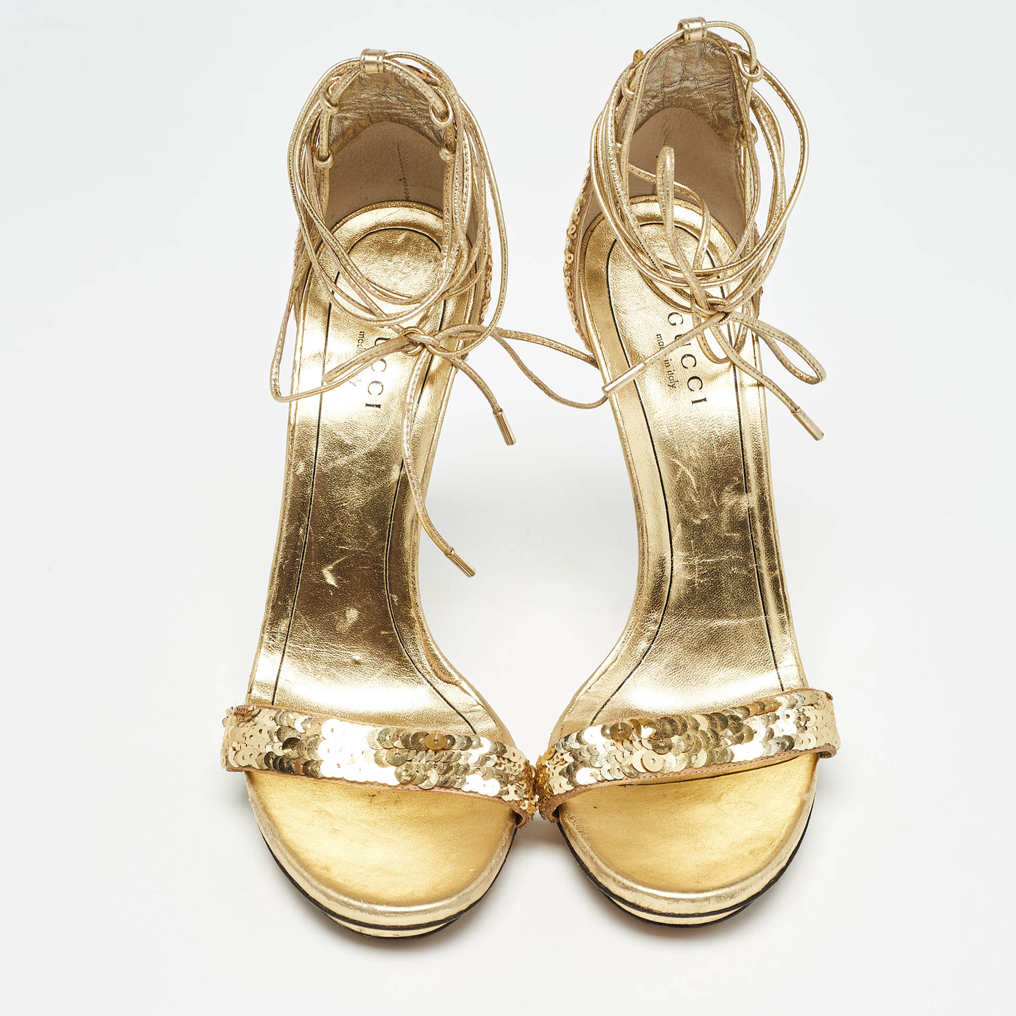 Gucci Gold Sequins And Leather Ankle Wrap Sandals Size 39