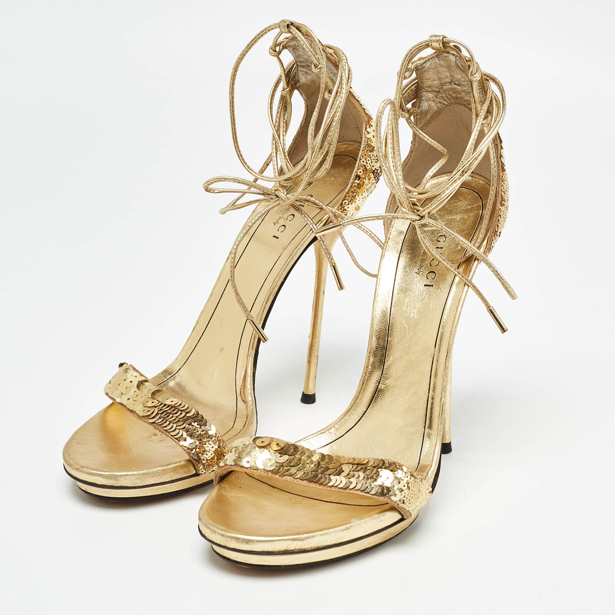 Gucci Gold Sequins And Leather Ankle Wrap Sandals Size 39