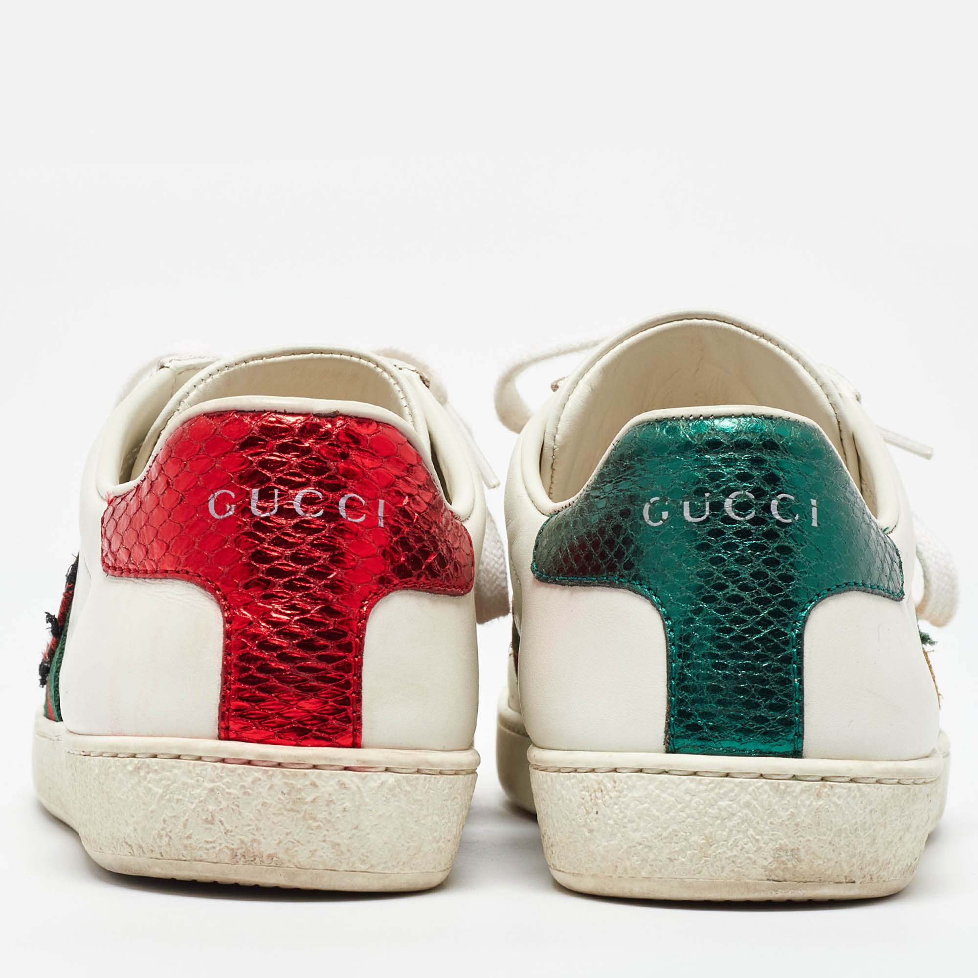 Gucci White/Red Leather And Snake Embossed Leather Ace Pineapple Sneakers Size 36