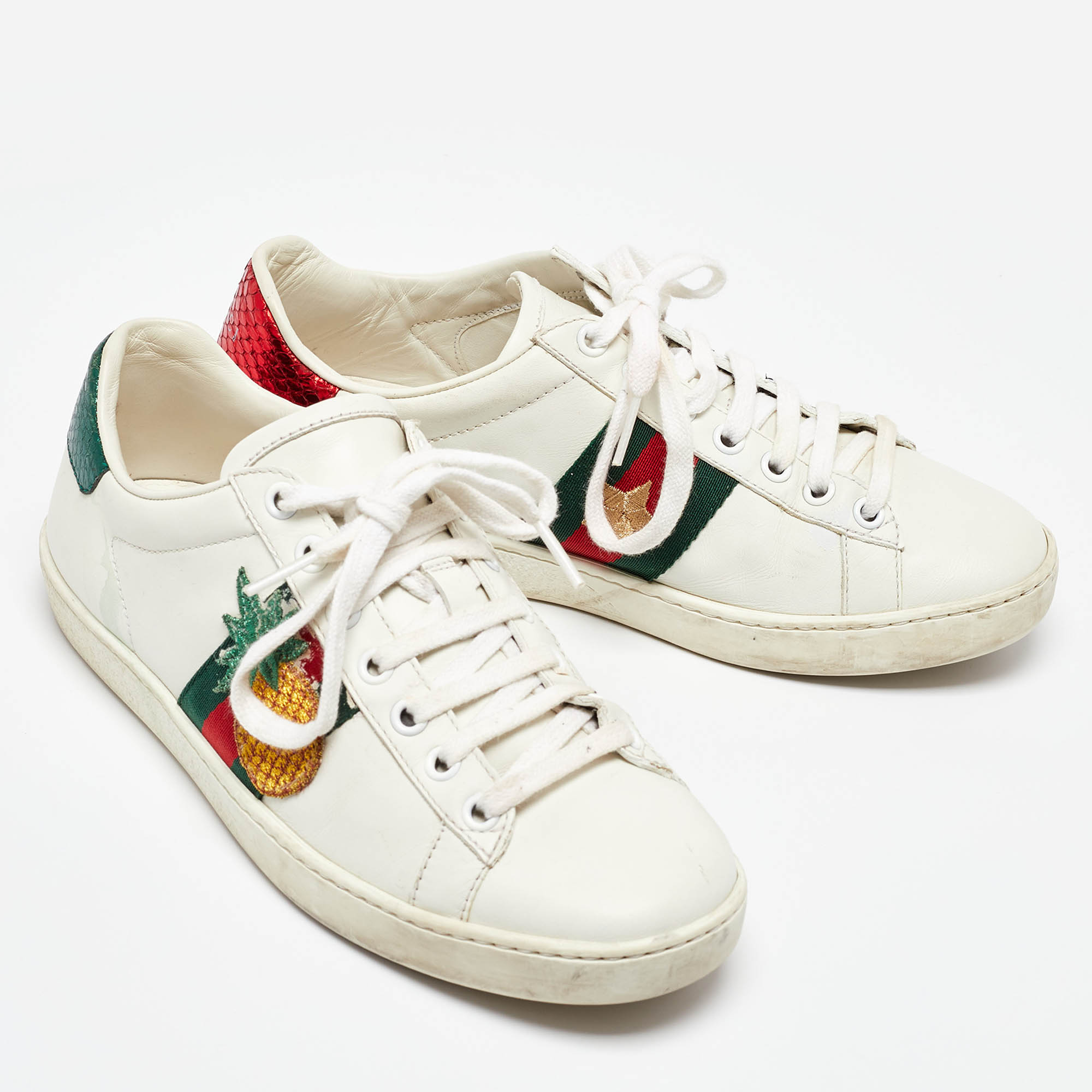 Gucci White/Red Leather And Snake Embossed Leather Ace Pineapple Sneakers Size 36