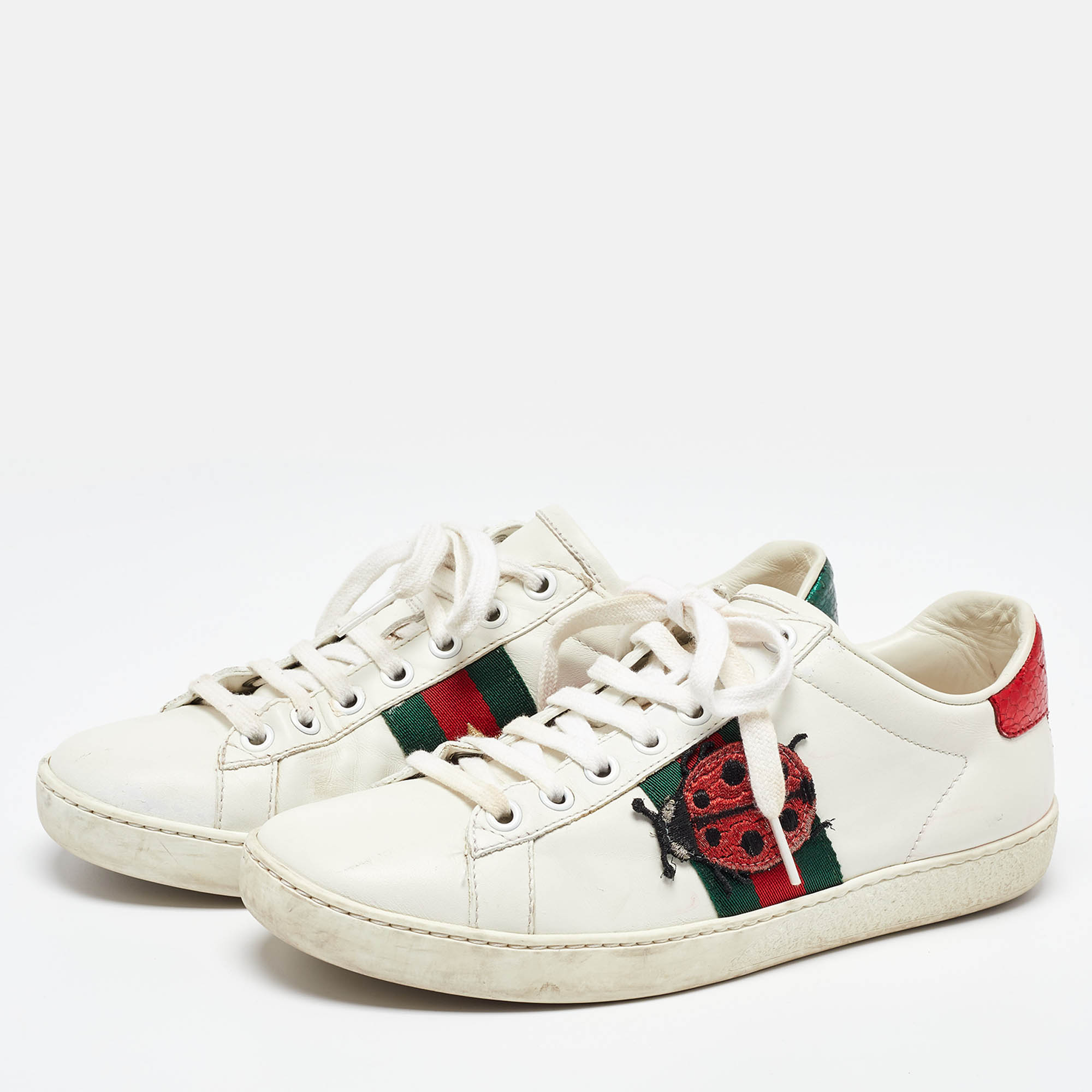 Gucci White/Red Leather And Snake Embossed Leather Ace Pineapple Sneakers Size 36