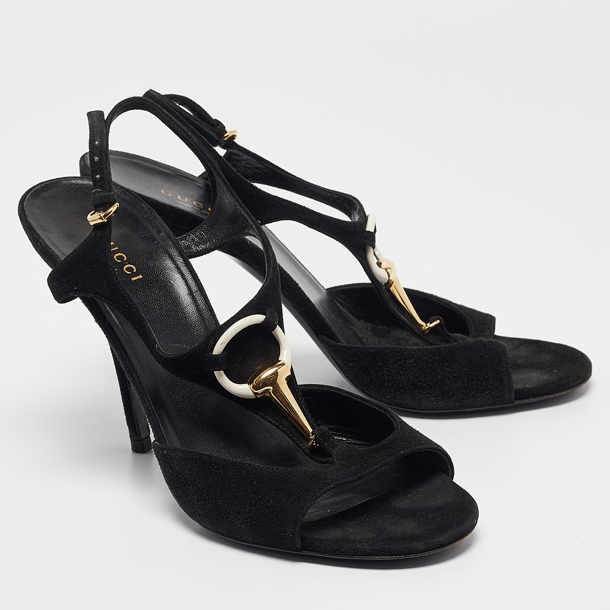 Gucci Black Suede T-Strap  Open Toe Sandals Size 38.5