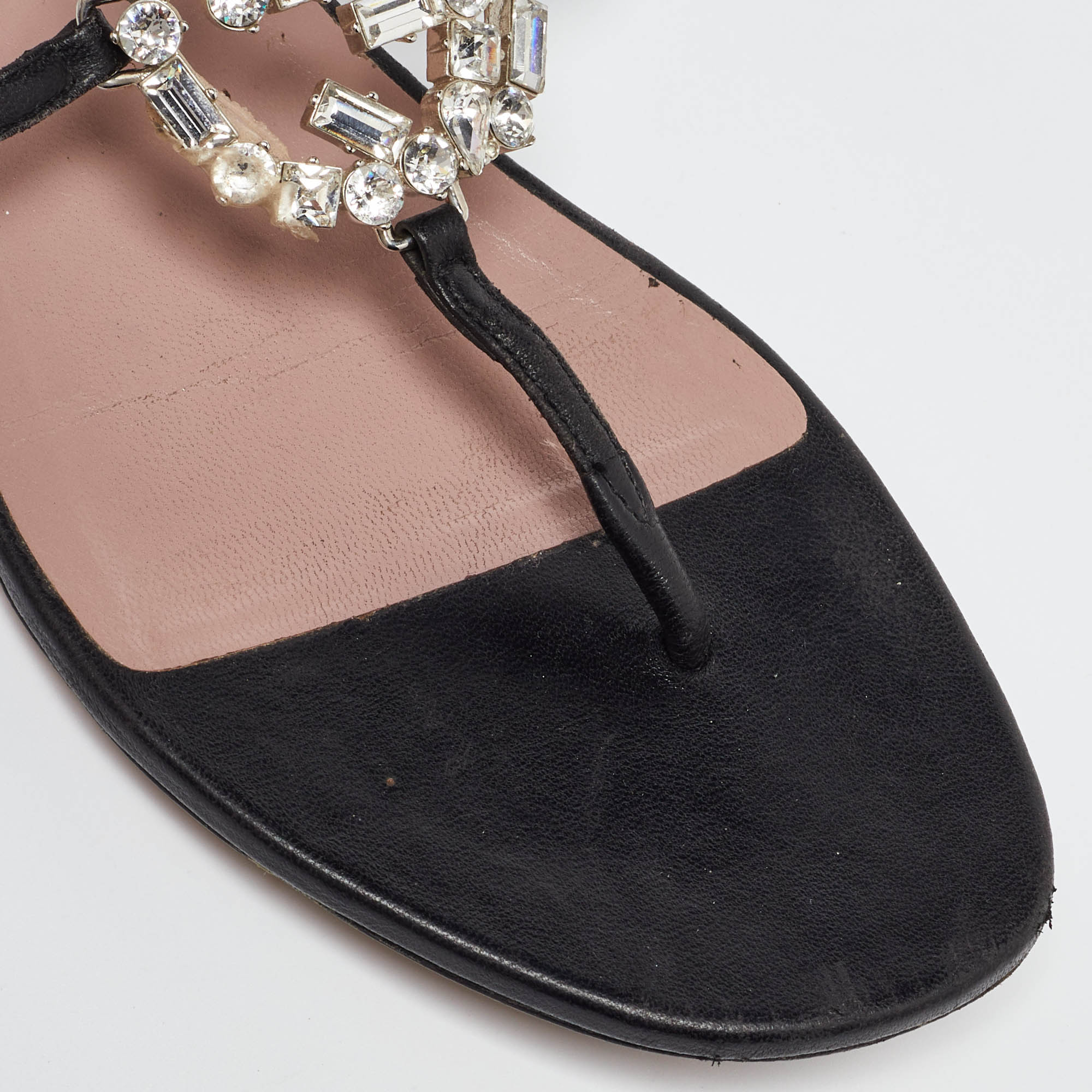 Gucci Black Leather Crystal Embellished GG Thong Flat Sandals Size 38.5