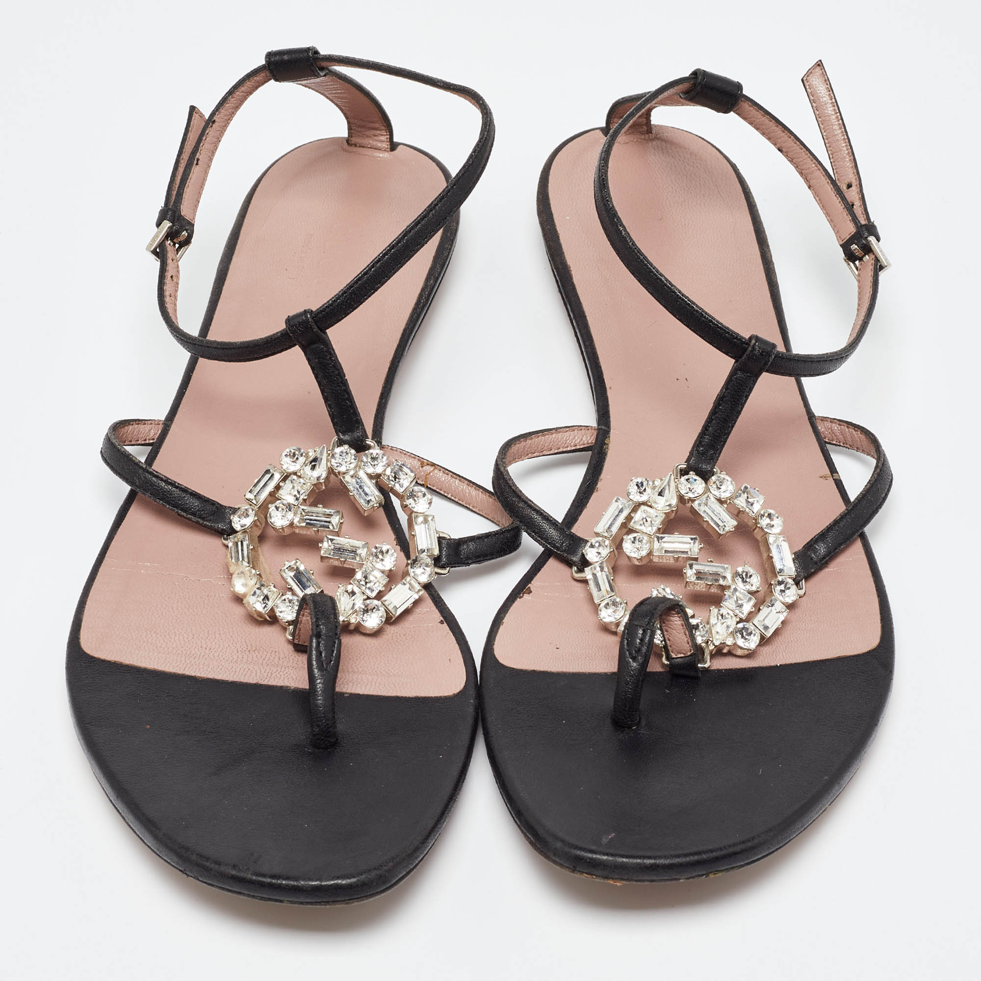 Gucci Black Leather Crystal Embellished GG Thong Flat Sandals Size 38.5