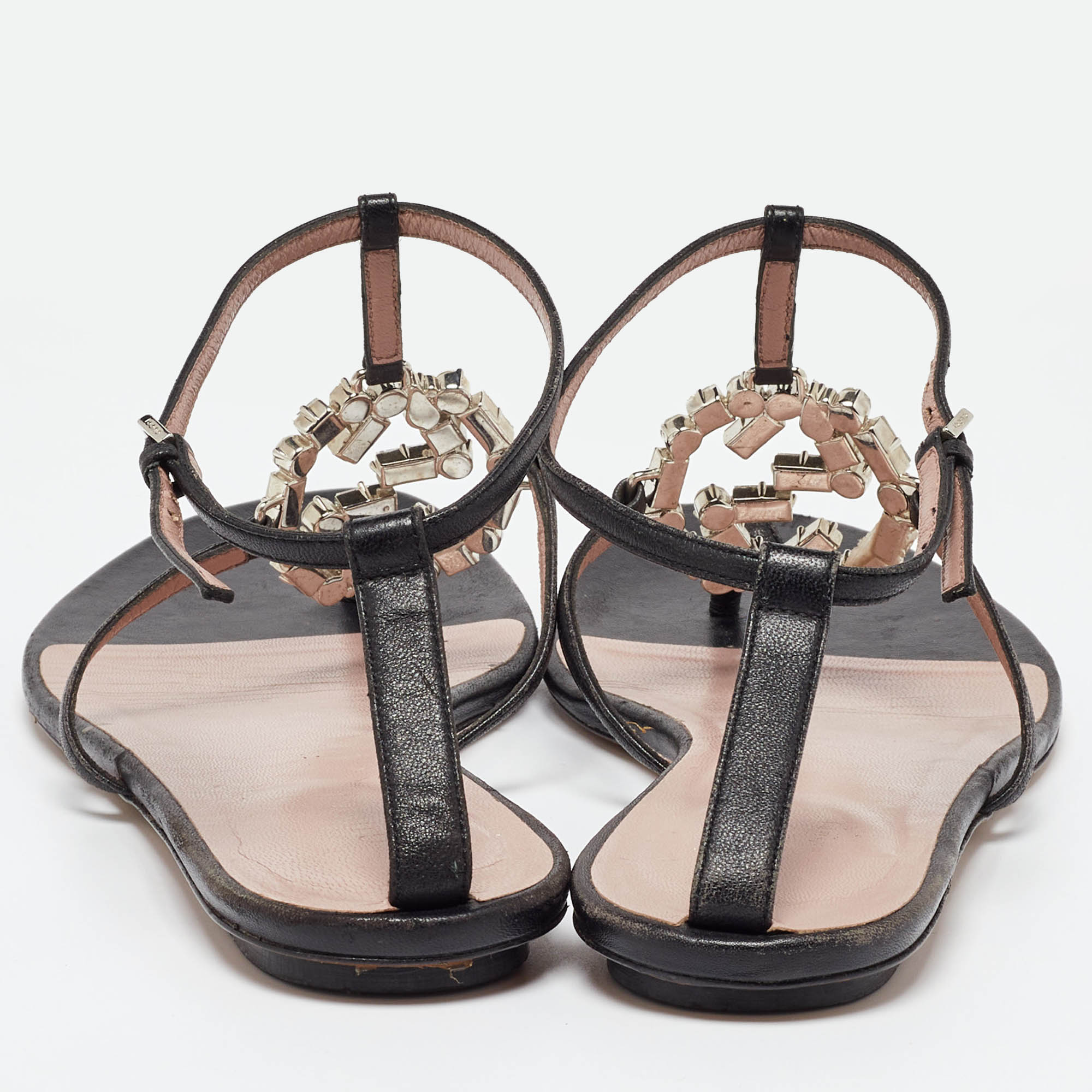 Gucci Black Leather Crystal Embellished GG Thong Flat Sandals Size 38.5