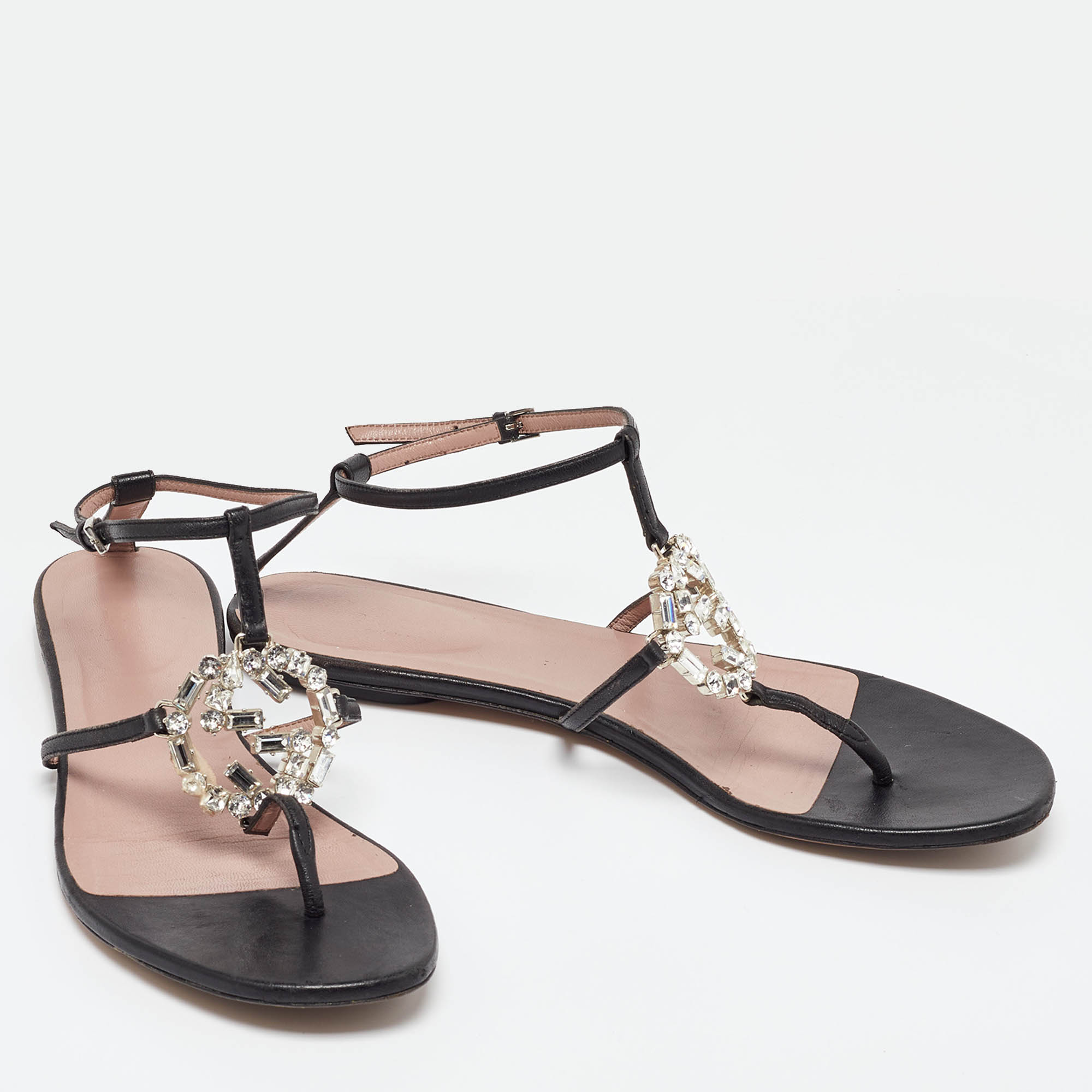 Gucci Black Leather Crystal Embellished GG Thong Flat Sandals Size 38.5