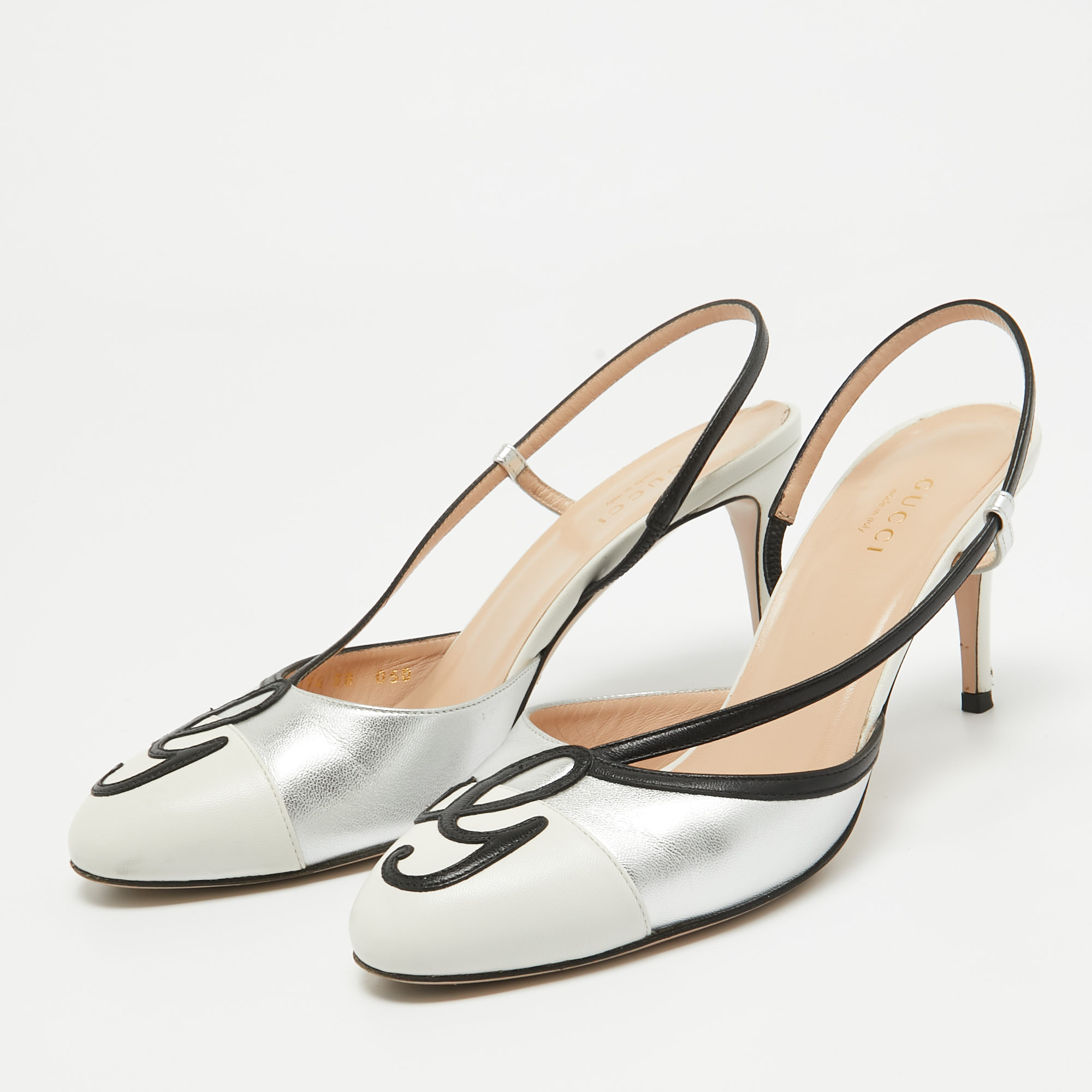 Gucci Silver/White Leather Slingback Pumps Size 38