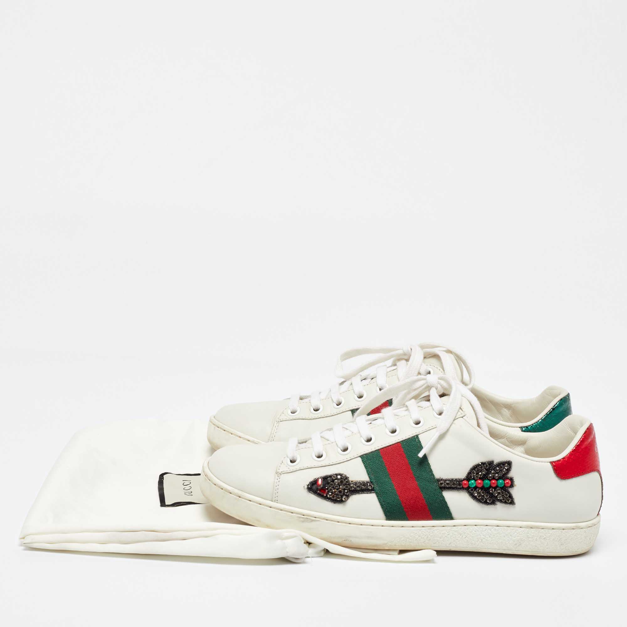 Gucci White Leather Embellished Arrow Ace Sneakers Size 37.5