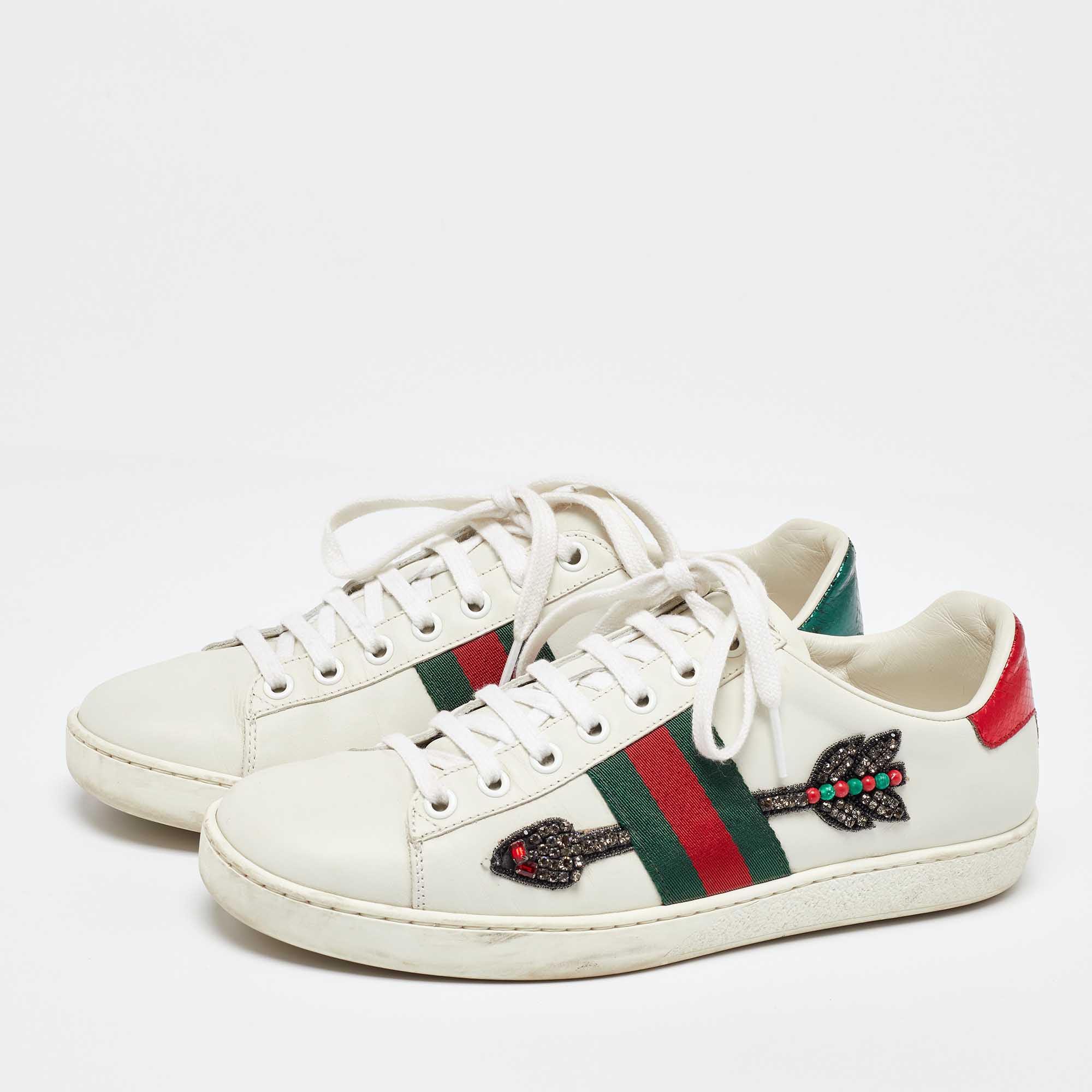 Gucci White Leather Embellished Arrow Ace Sneakers Size 37.5