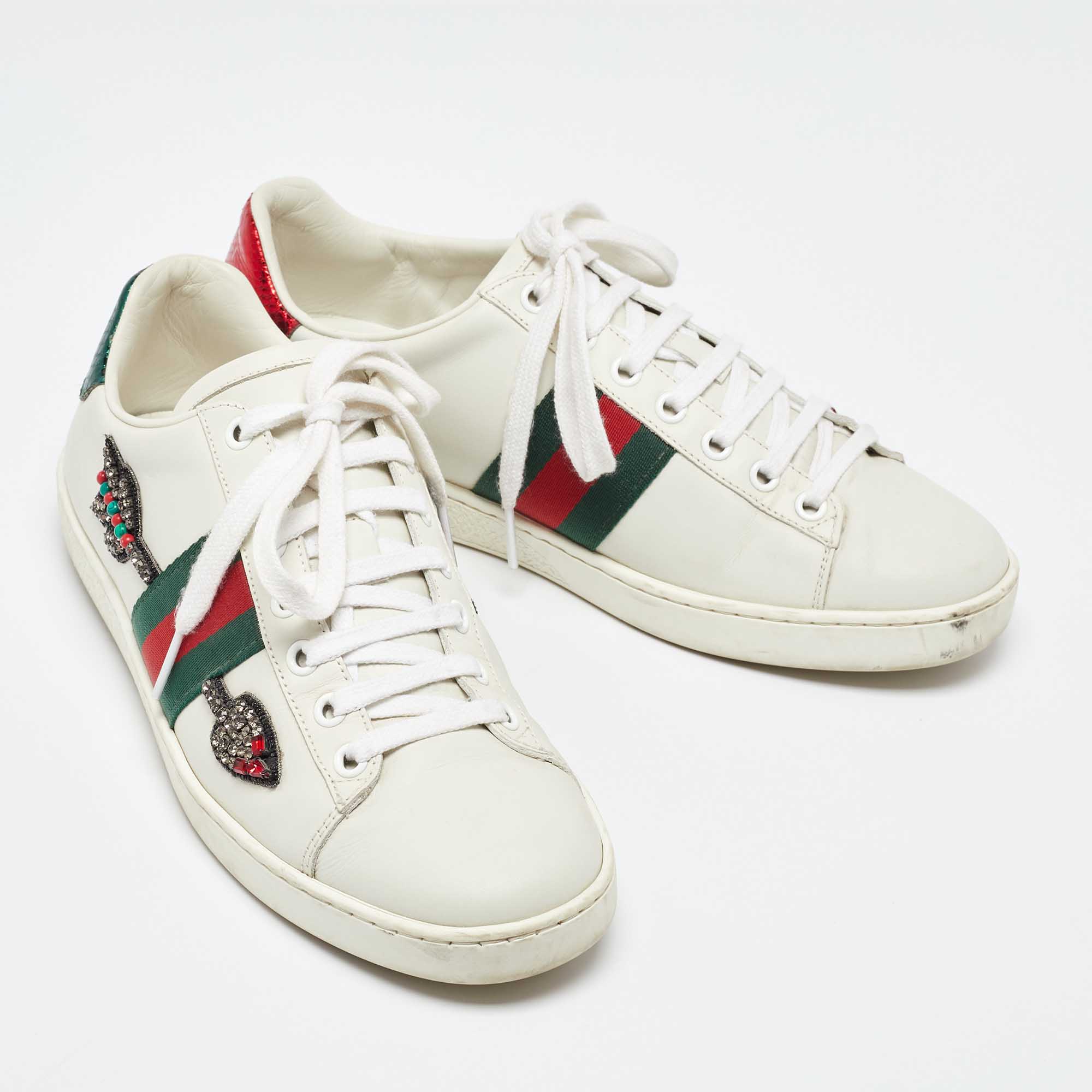 Gucci White Leather Embellished Arrow Ace Sneakers Size 37.5