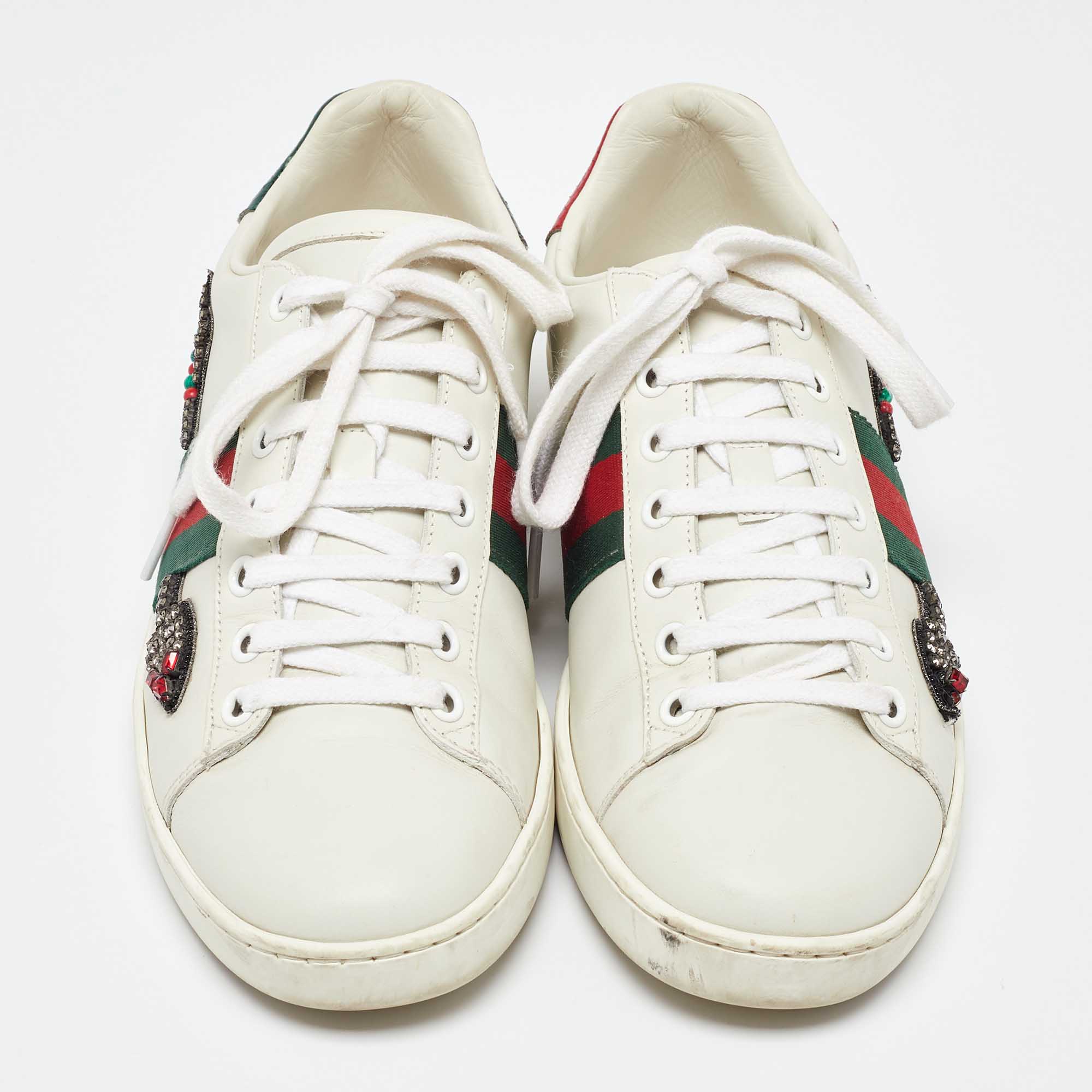 Gucci White Leather Embellished Arrow Ace Sneakers Size 37.5