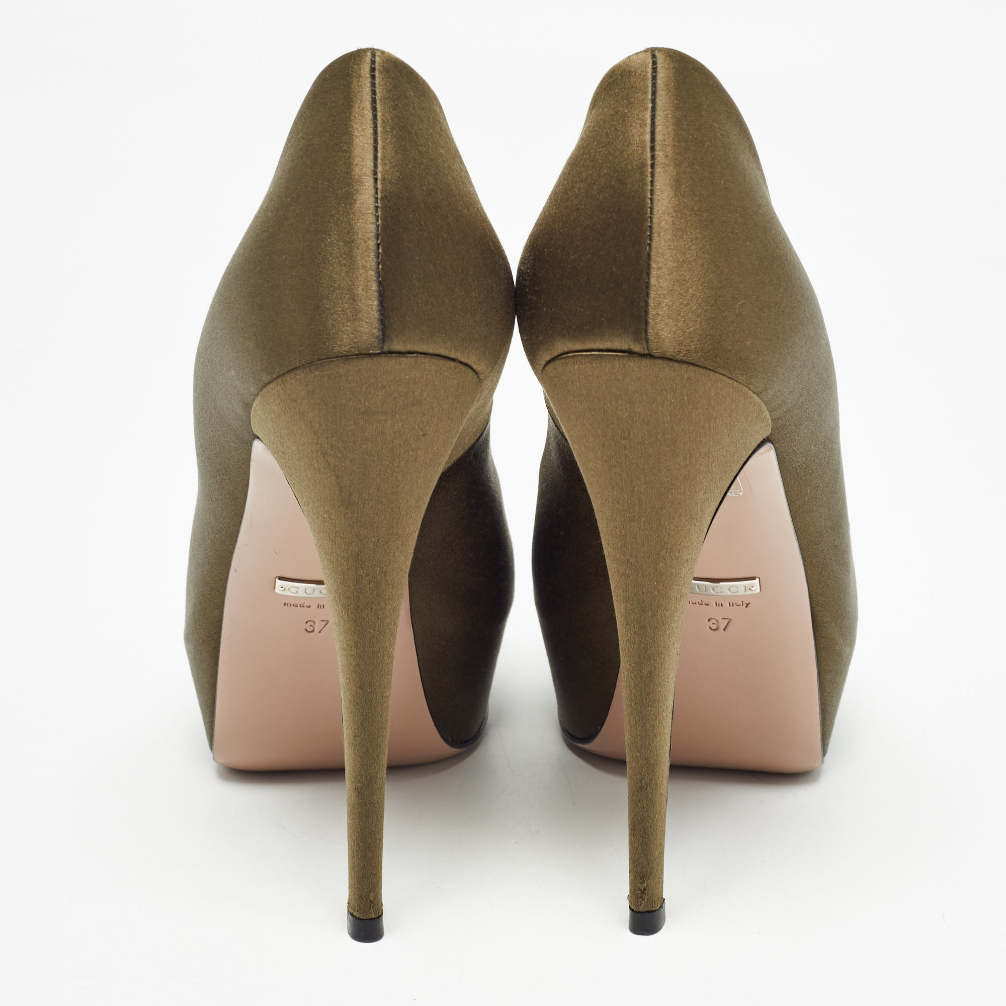 Gucci Olive Green Satin Peep Toe Platform Pumps Size 37