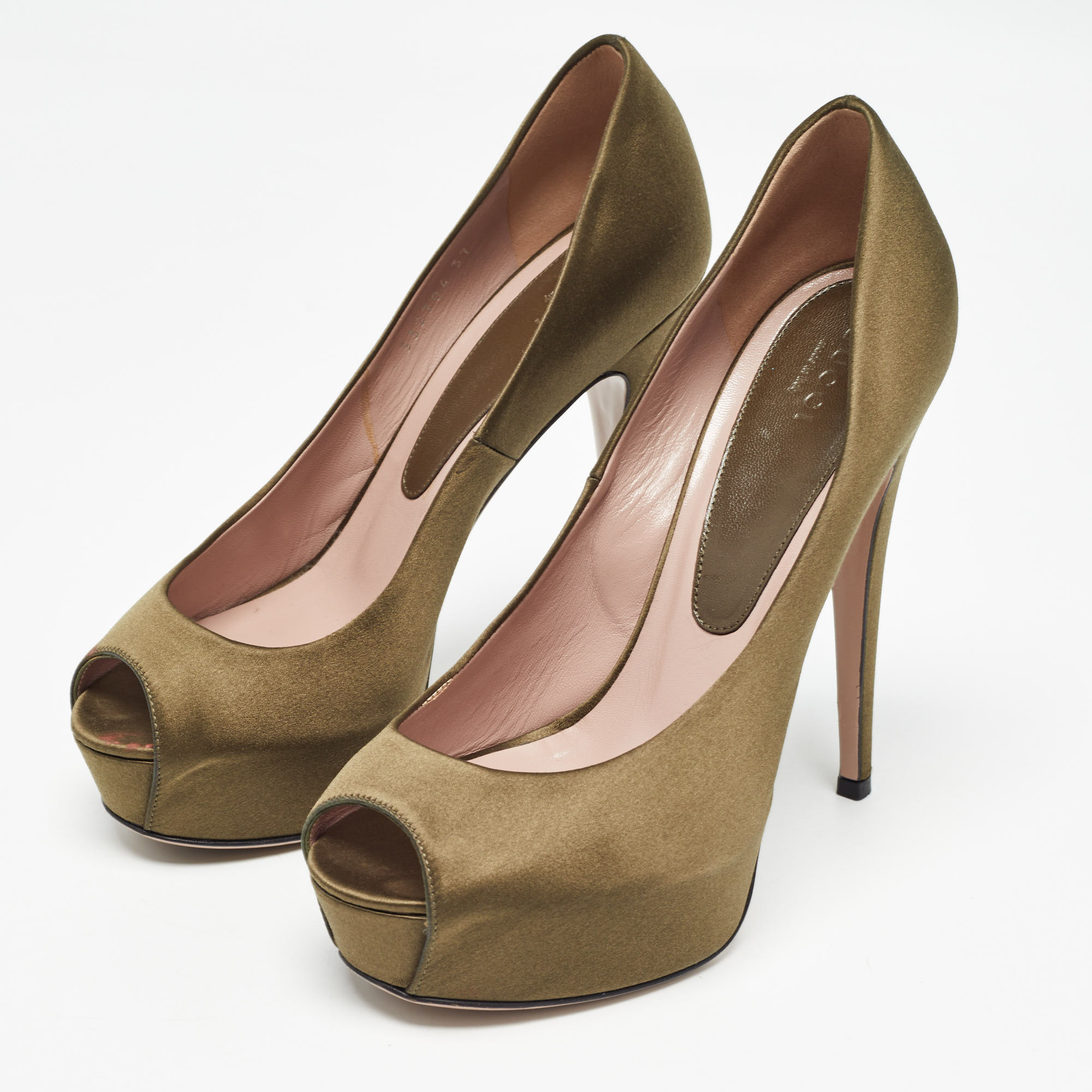 Gucci Olive Green Satin Peep Toe Platform Pumps Size 37