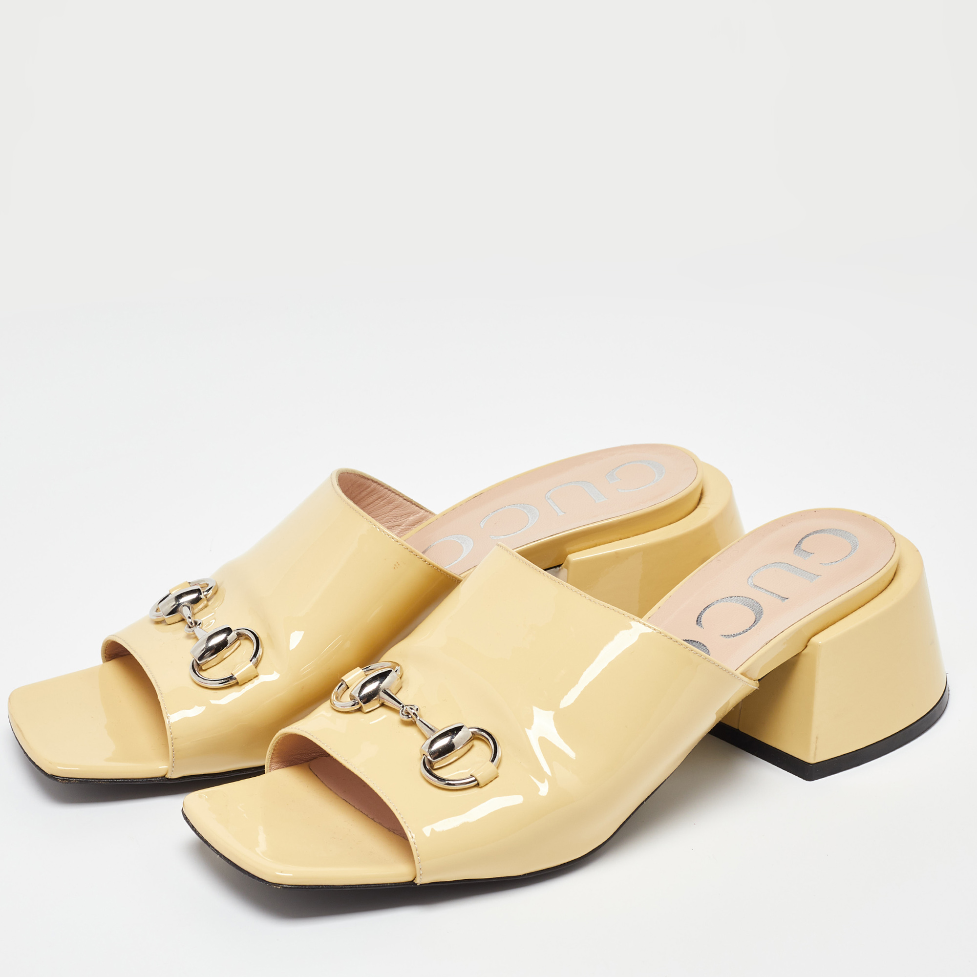 Gucci Yellow Patent Leather Lexi Horsebit Slide Sandals Size 39