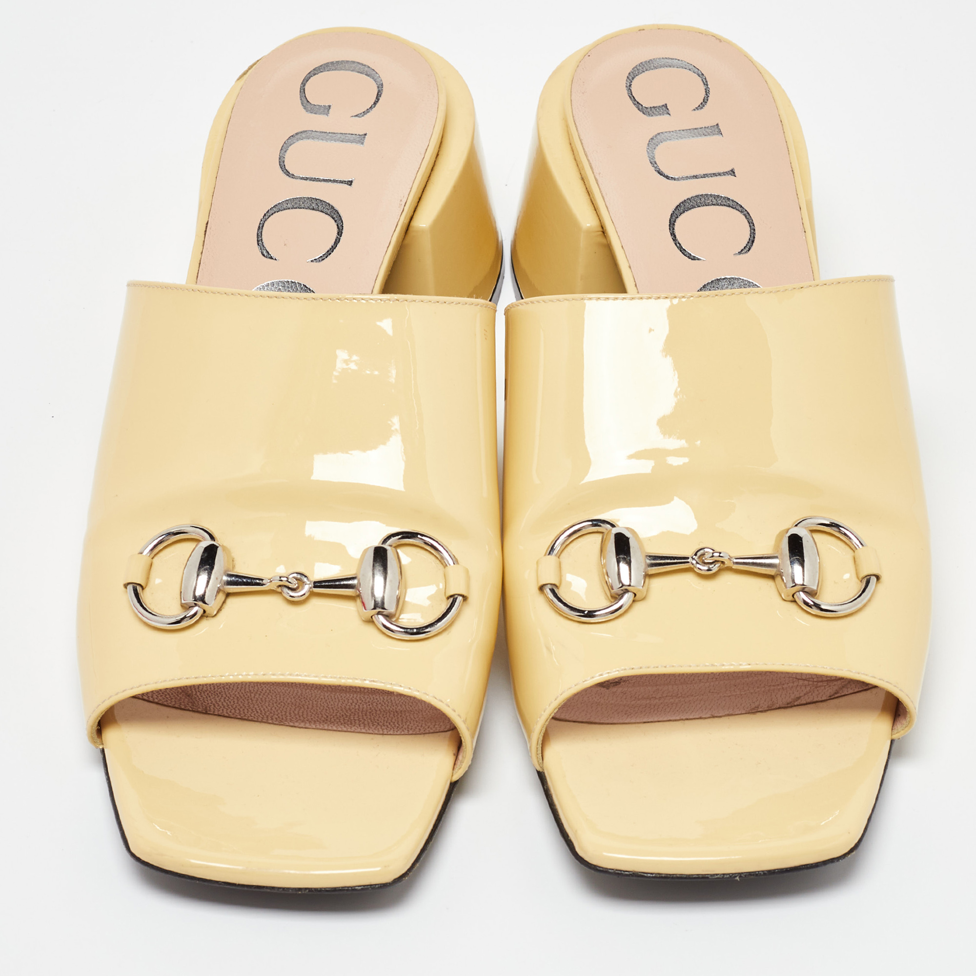 Gucci Yellow Patent Leather Lexi Horsebit Slide Sandals Size 39