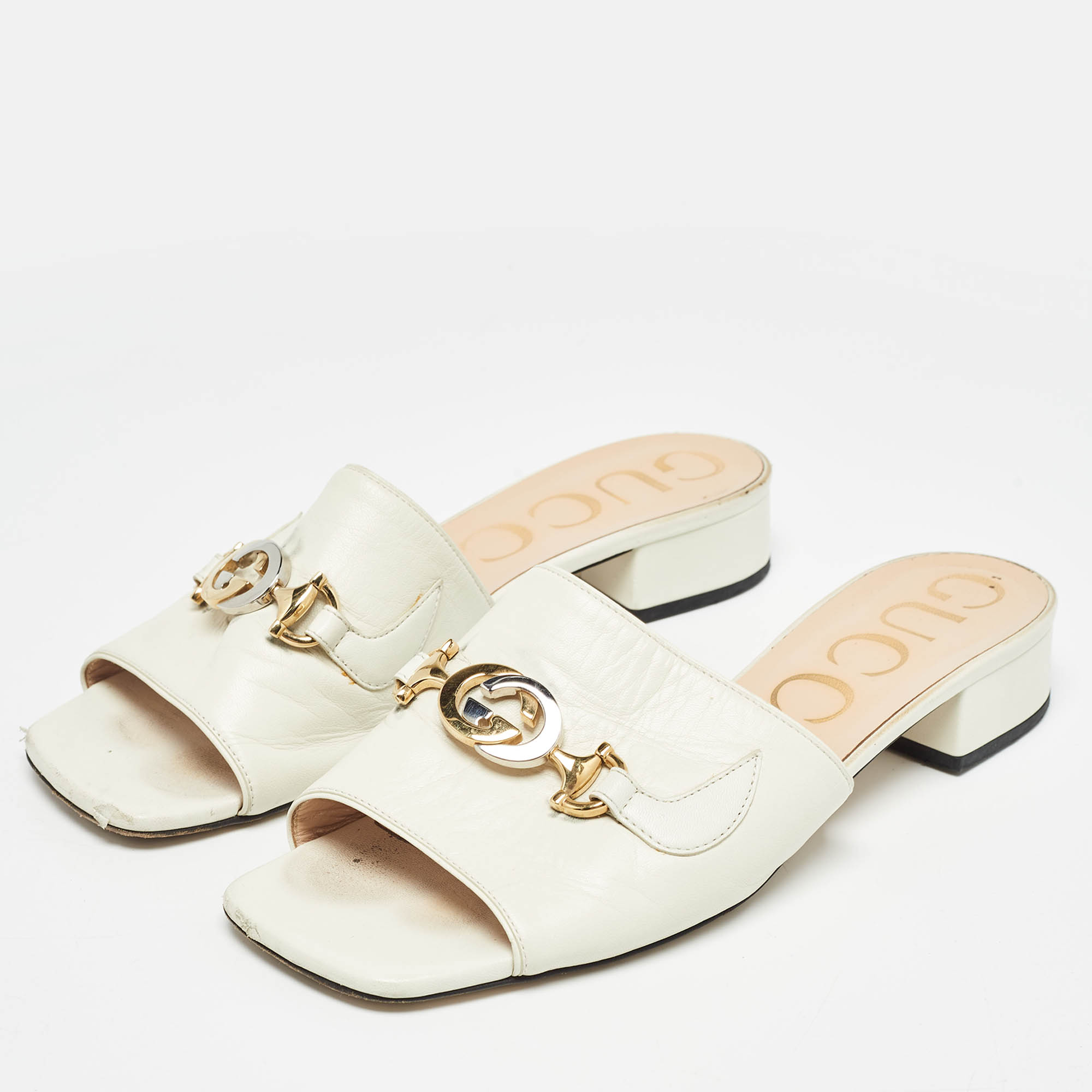 Gucci Cream Leather Zumi Slide Sandals Size 38