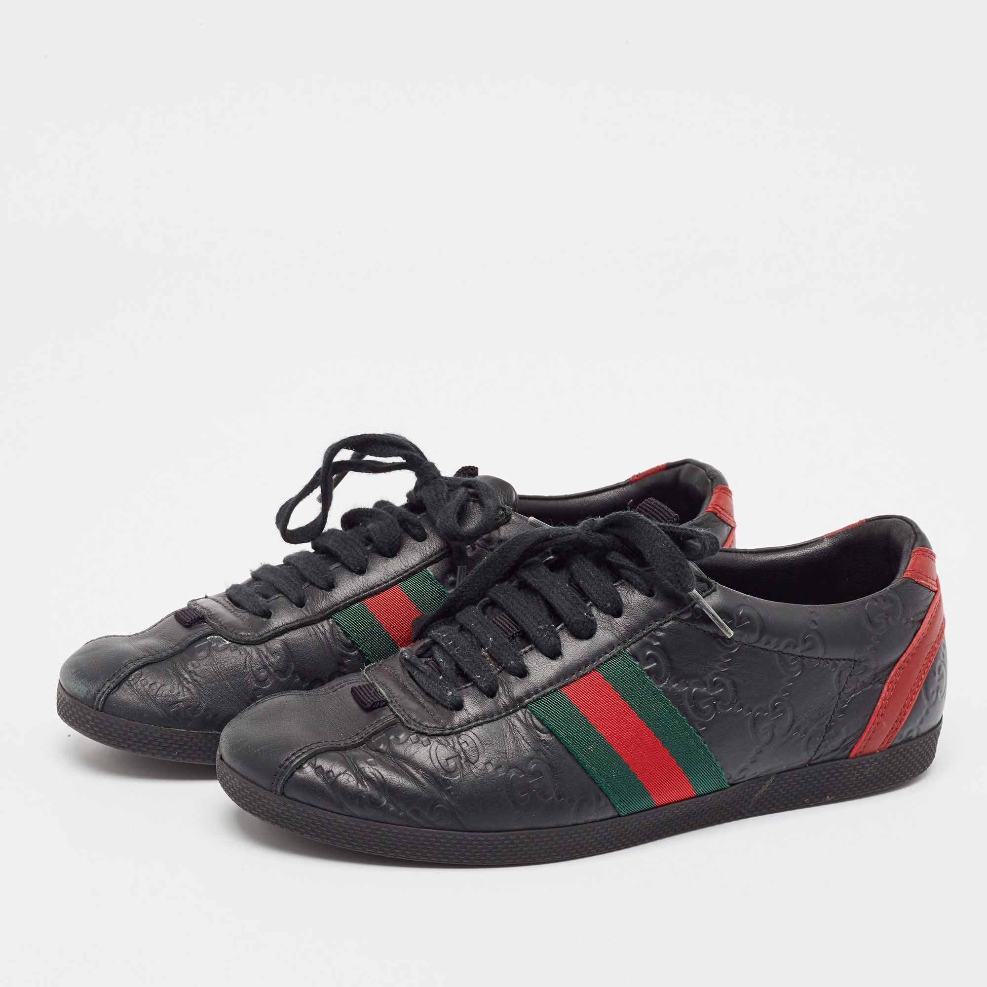 Gucci Black Leather Web Low Top Sneakers Size 36